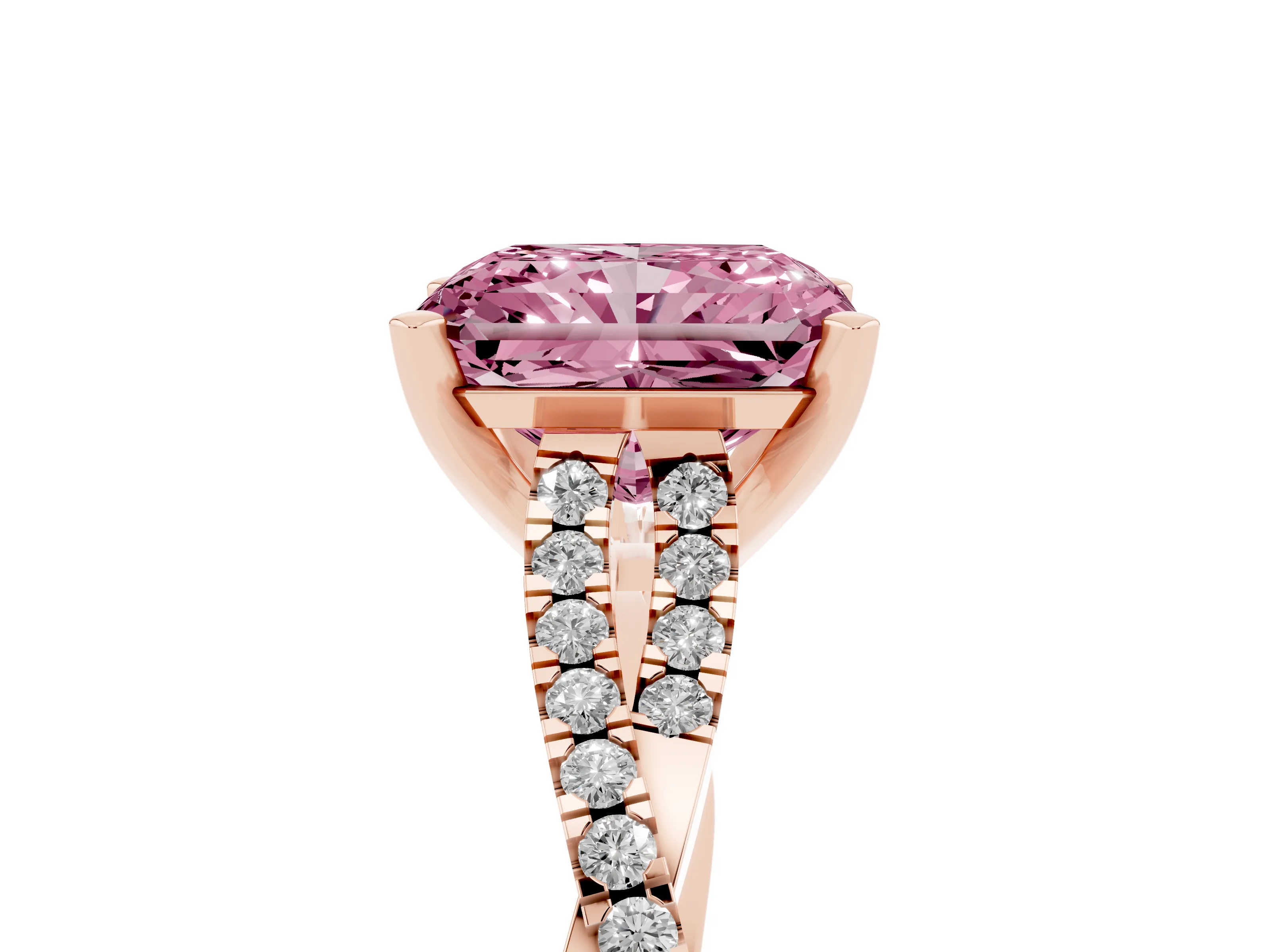 Fancy Pink Radiant Cut Diamond Solitaire Engagement Ring Set in Rose gold with Twisted Pavé Band and Prong Setting