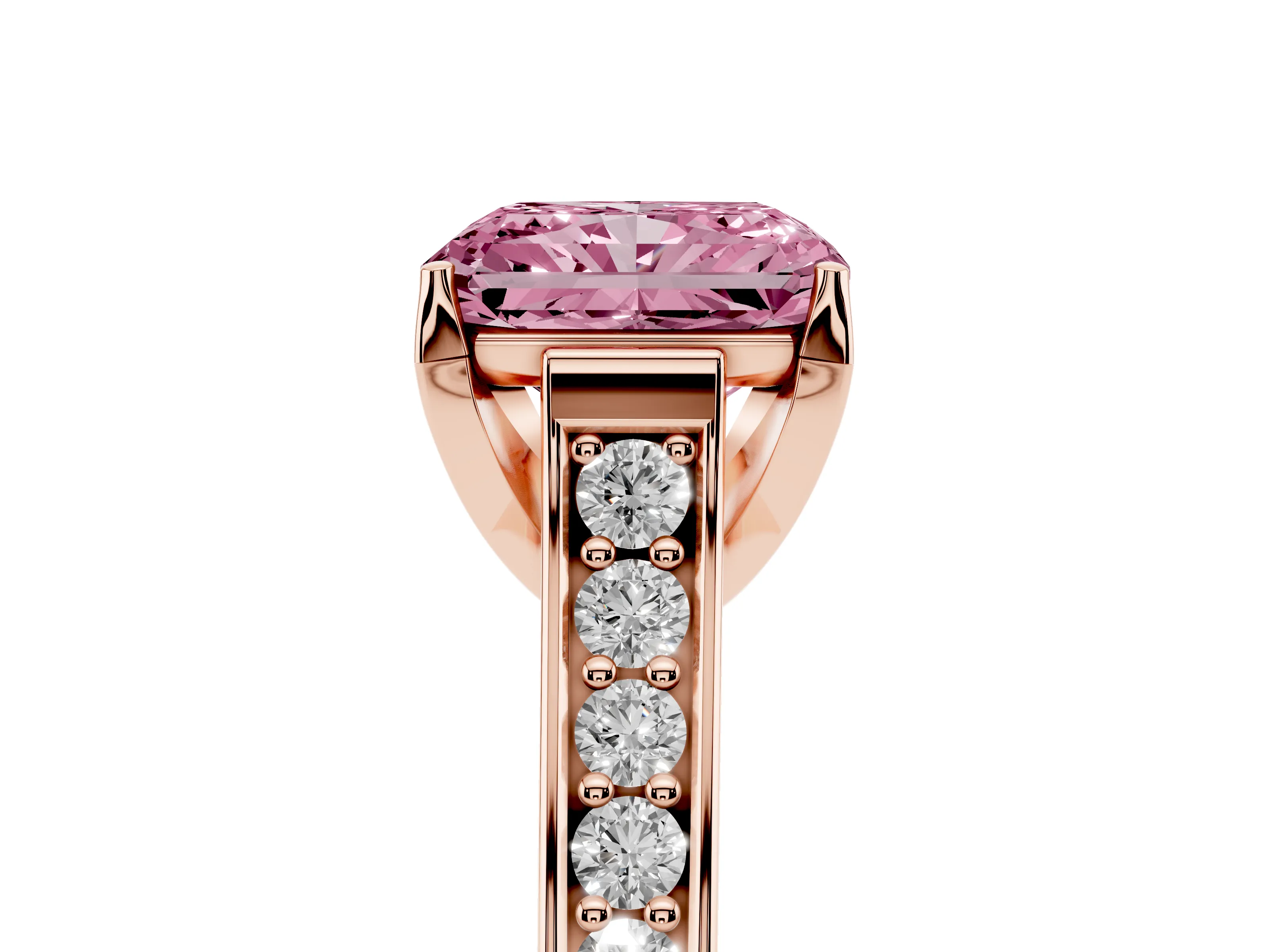 Fancy Pink Radiant Cut Diamond Solitaire Pavé Engagement Ring Set in Rose gold with Prong Setting