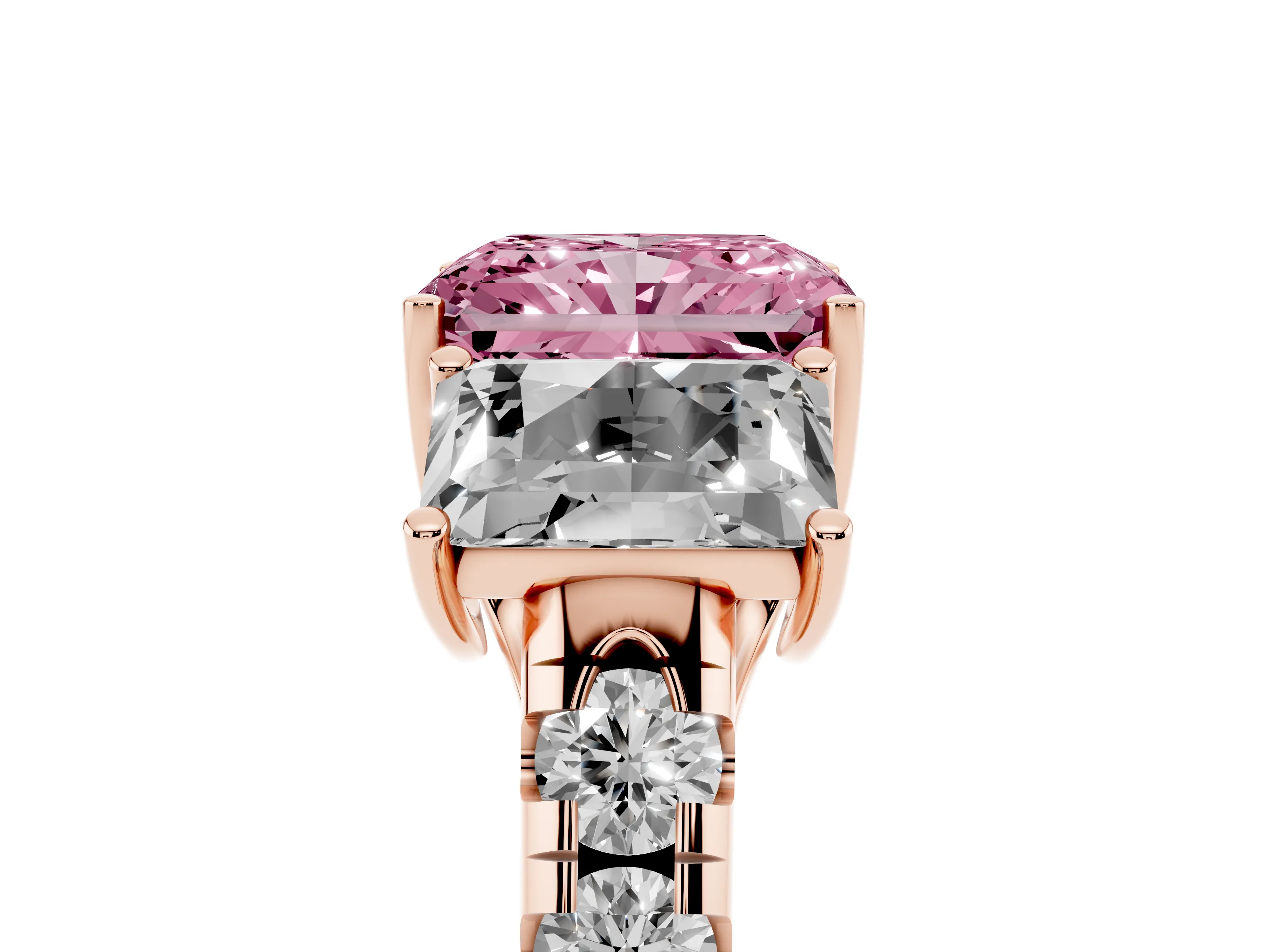 Fancy Pink Radiant Cut Diamond Three-Stone Ring Set in Rose gold with Pavé Band