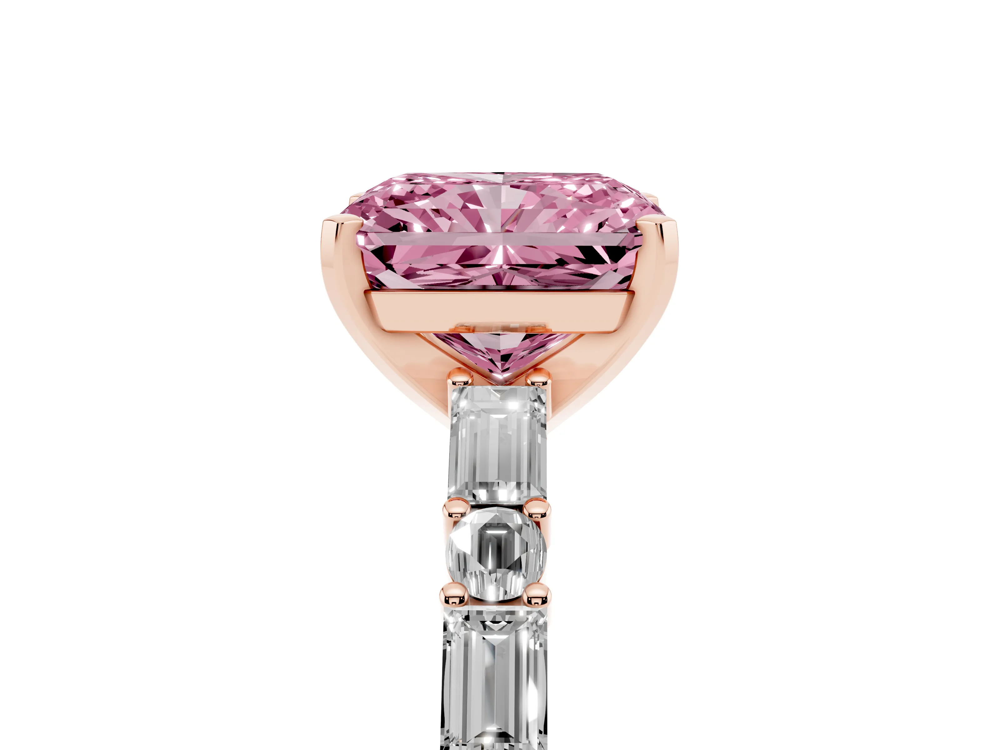 Fancy Pink Radiant Cut Diamond Solitaire Set in Rose gold with Side Baguettes and Channel Set Band