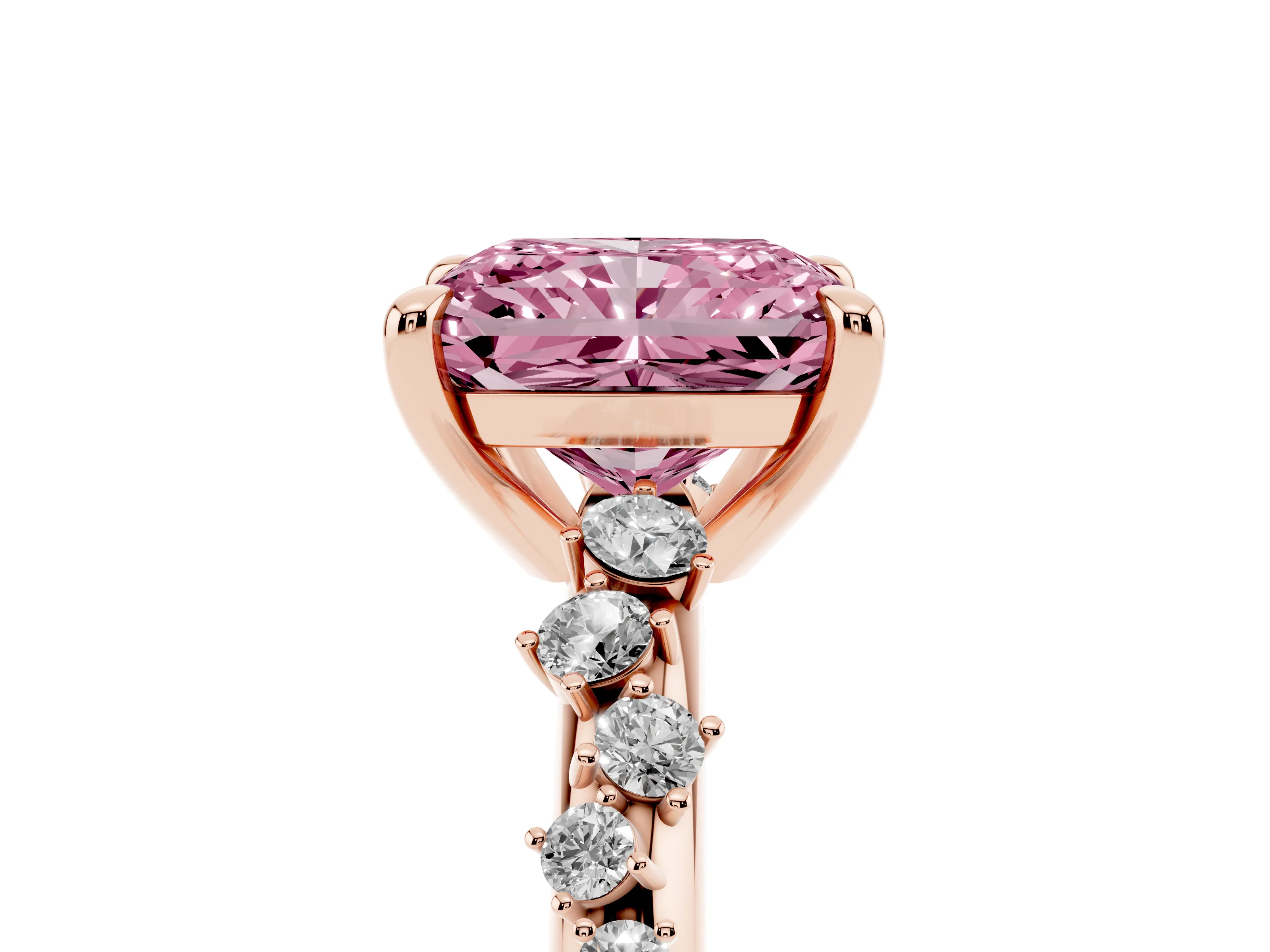 Fancy Pink Radiant Cut Diamond Solitaire Vine Band Ring Set in Rose gold with Round Accents and Prong Setting