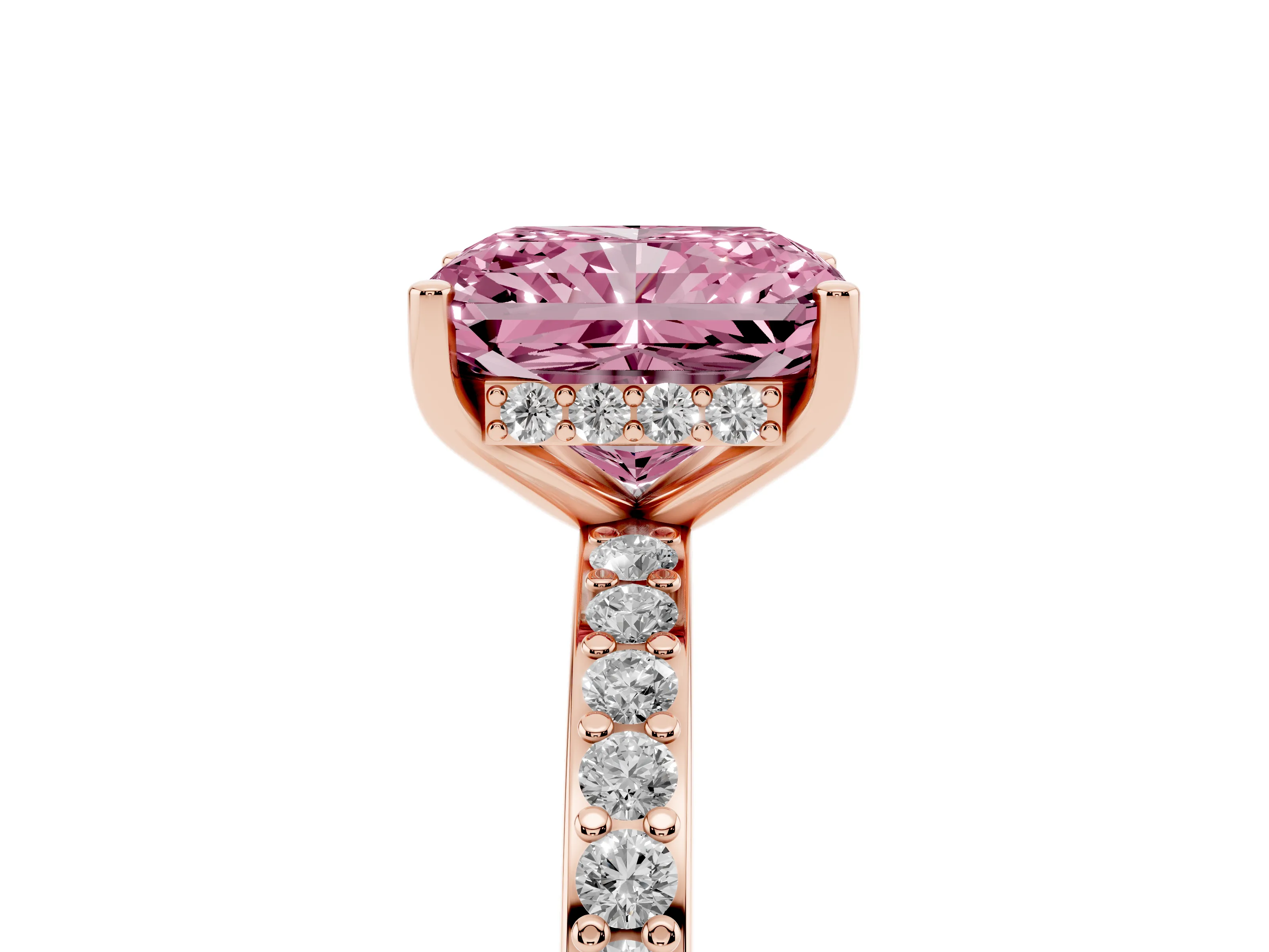 Fancy Pink Radiant Cut Diamond Pavé Band Ring Set in Rose gold with Prong-Set Center Stone