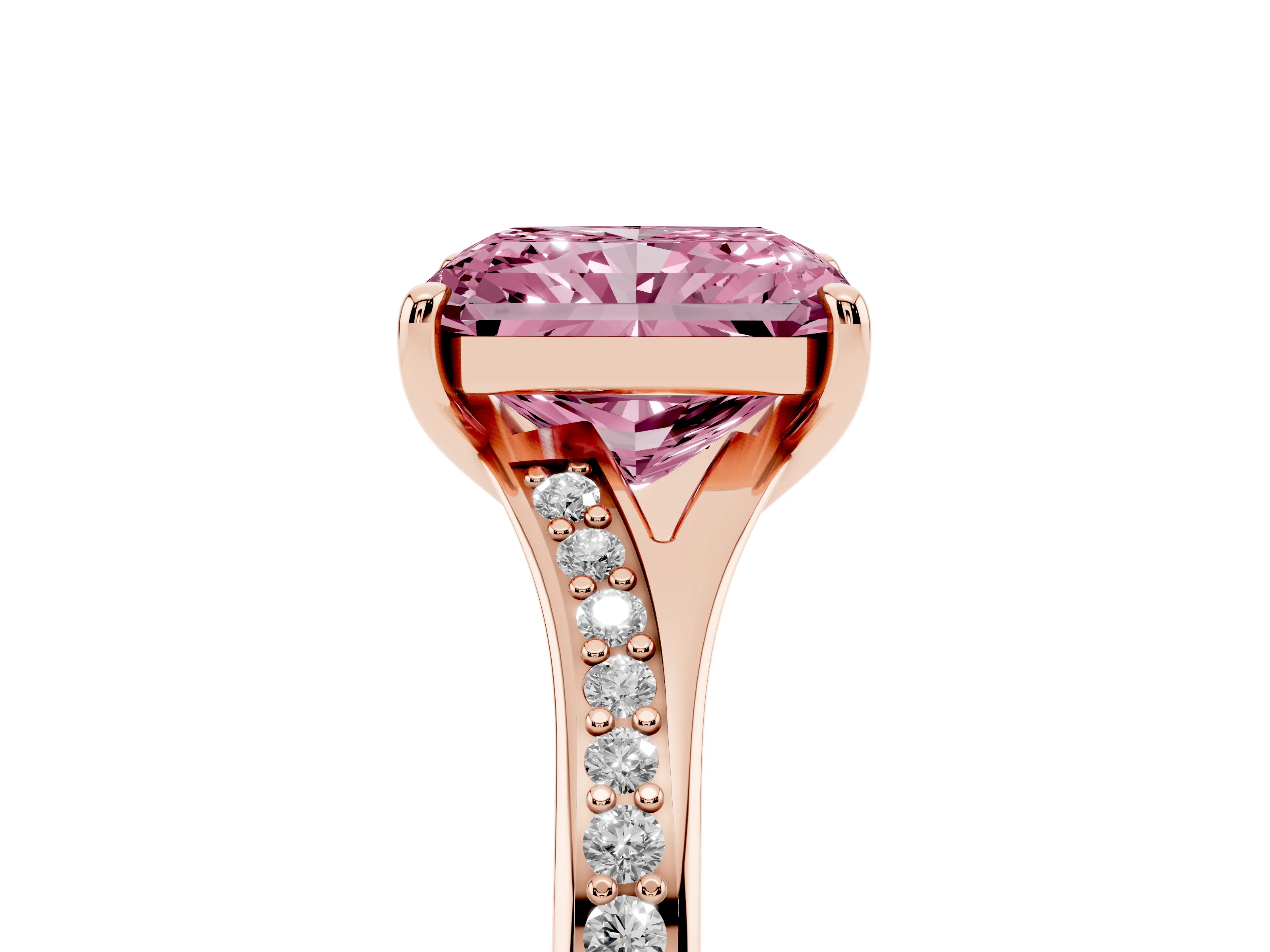 Fancy Pink Radiant Cut Diamond Solitaire Ring Set in Rose gold with Pavé Accent Band and Classic Prong Setting