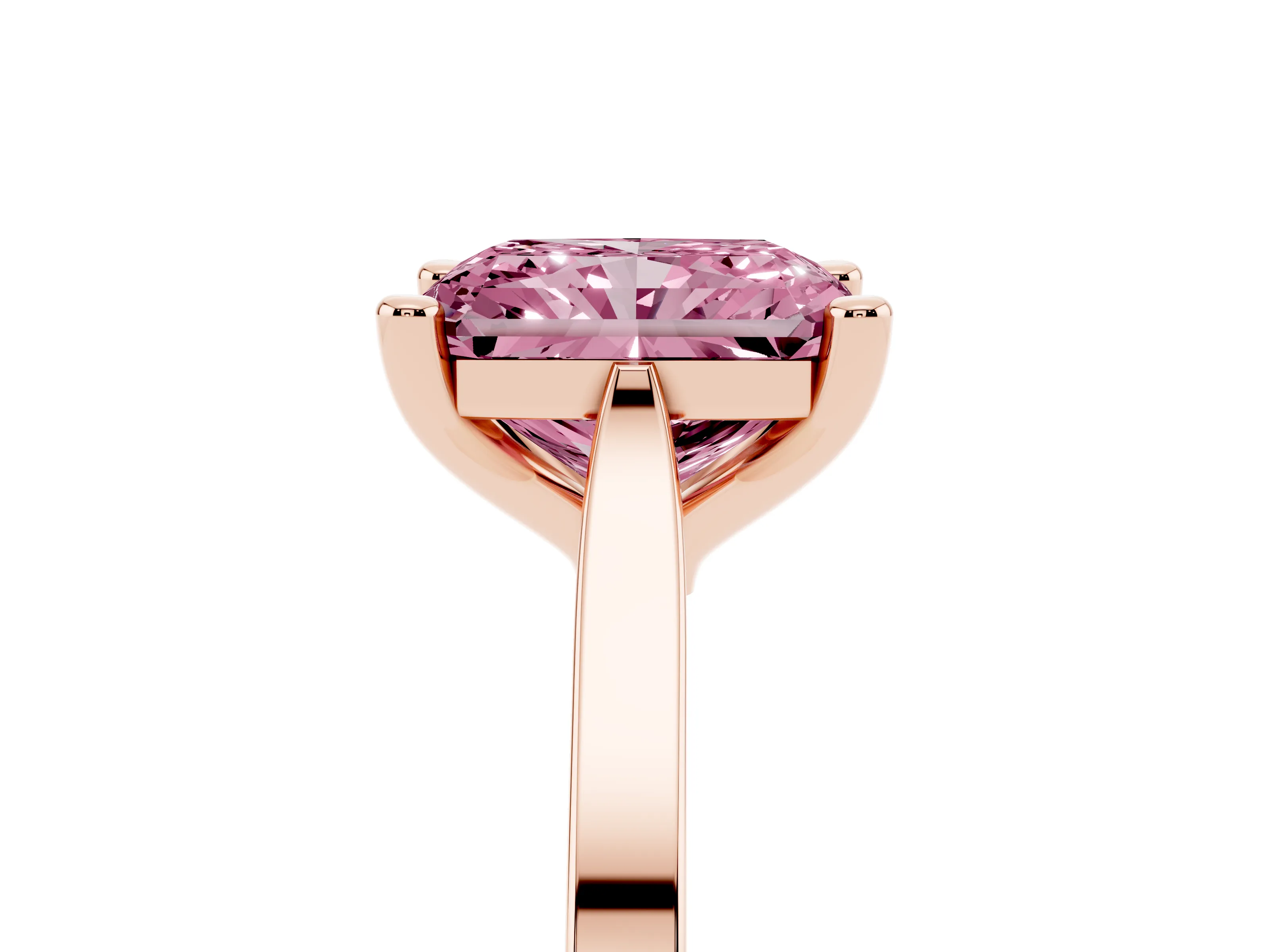 Fancy Pink Radiant Cut Diamond Solitaire Ring Set in Rose gold with Prong Setting and Tapered Band