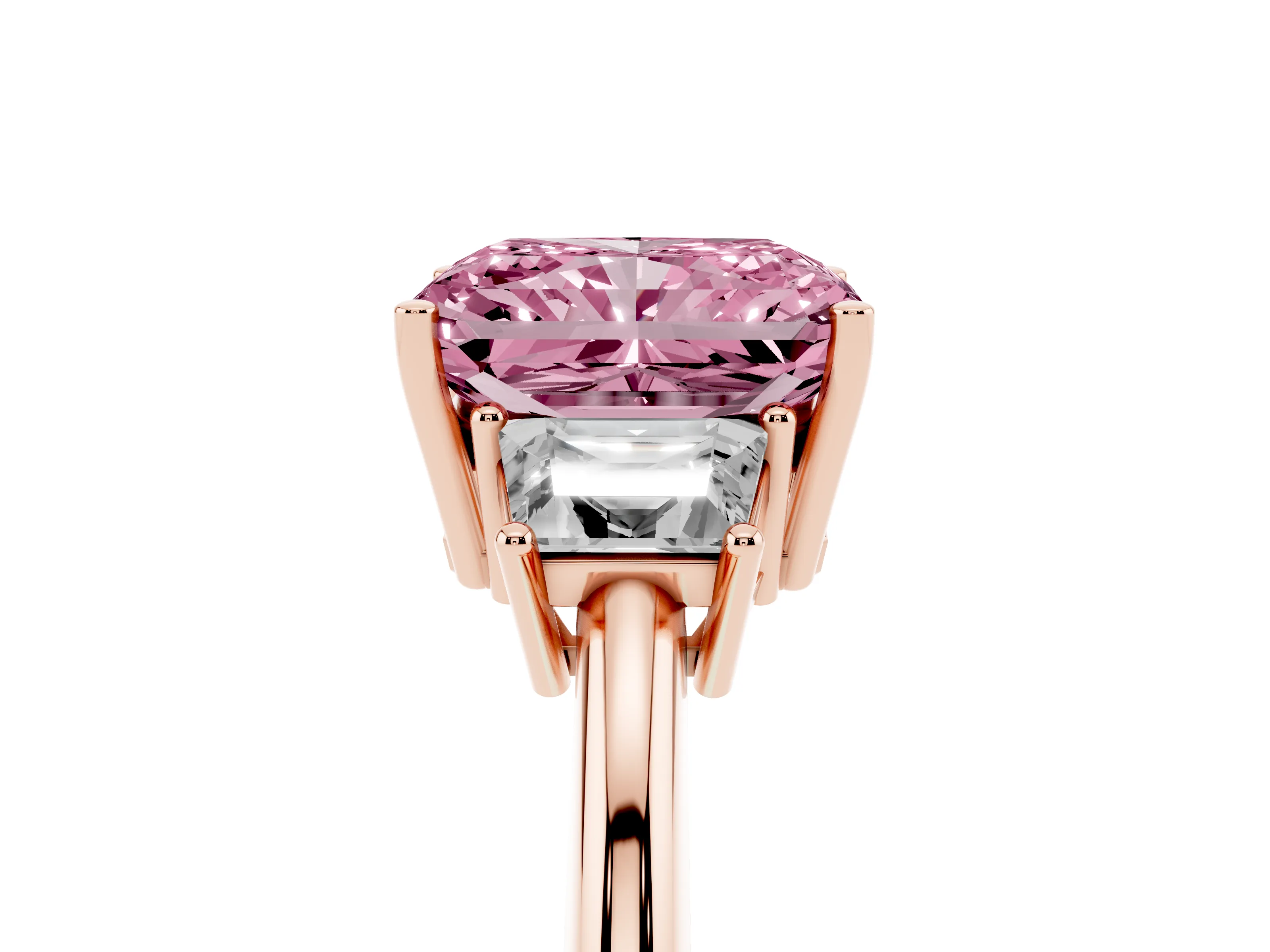 Fancy Pink Radiant Cut Diamond Three-Stone Ring Set in Rose gold with Trapezoid Side Stones and Prong Setting