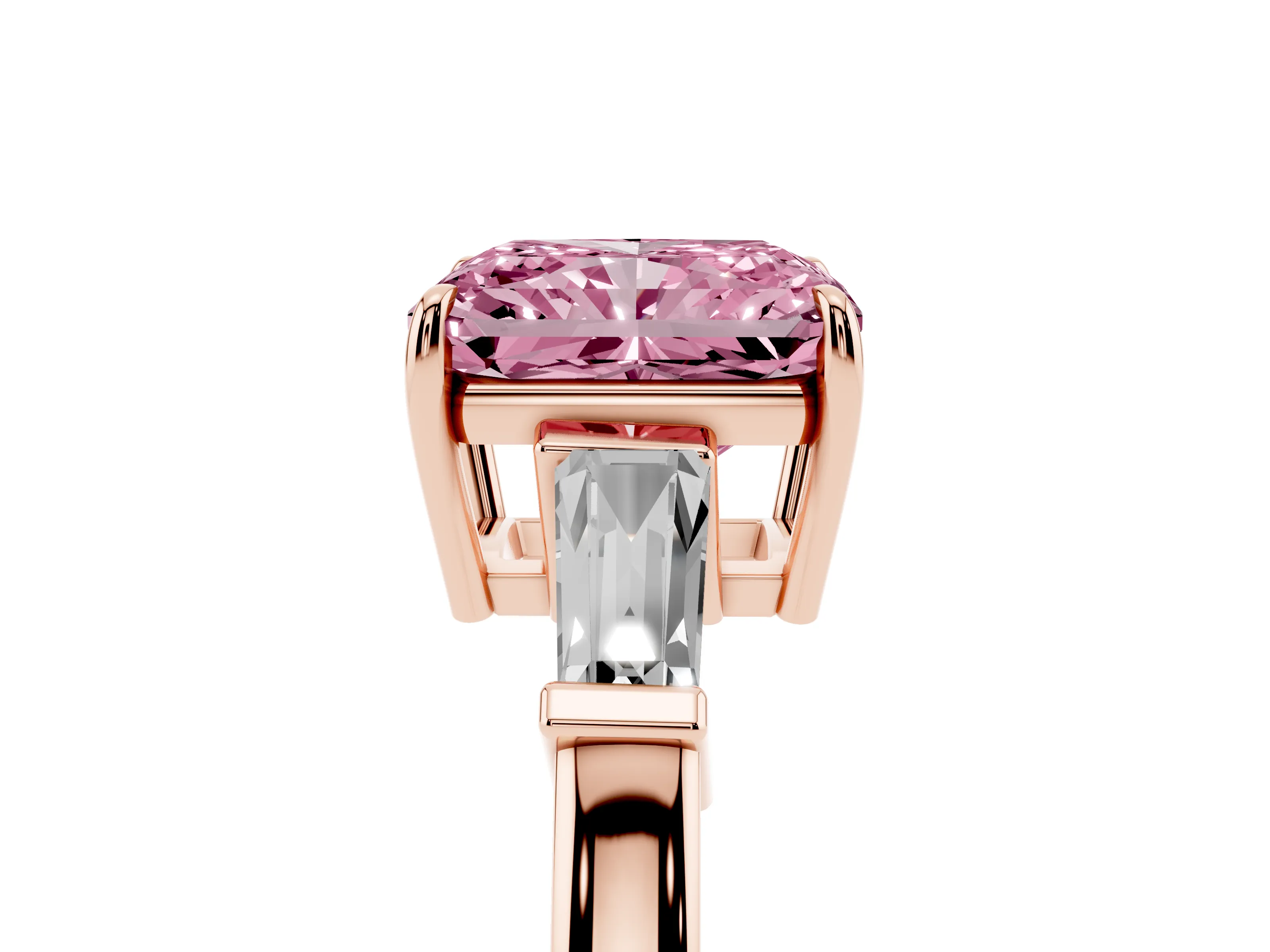 Fancy Pink Radiant Cut Diamond Three-Stone Ring Set in Rose gold with Tapered Baguette Side Stones and Prong Setting