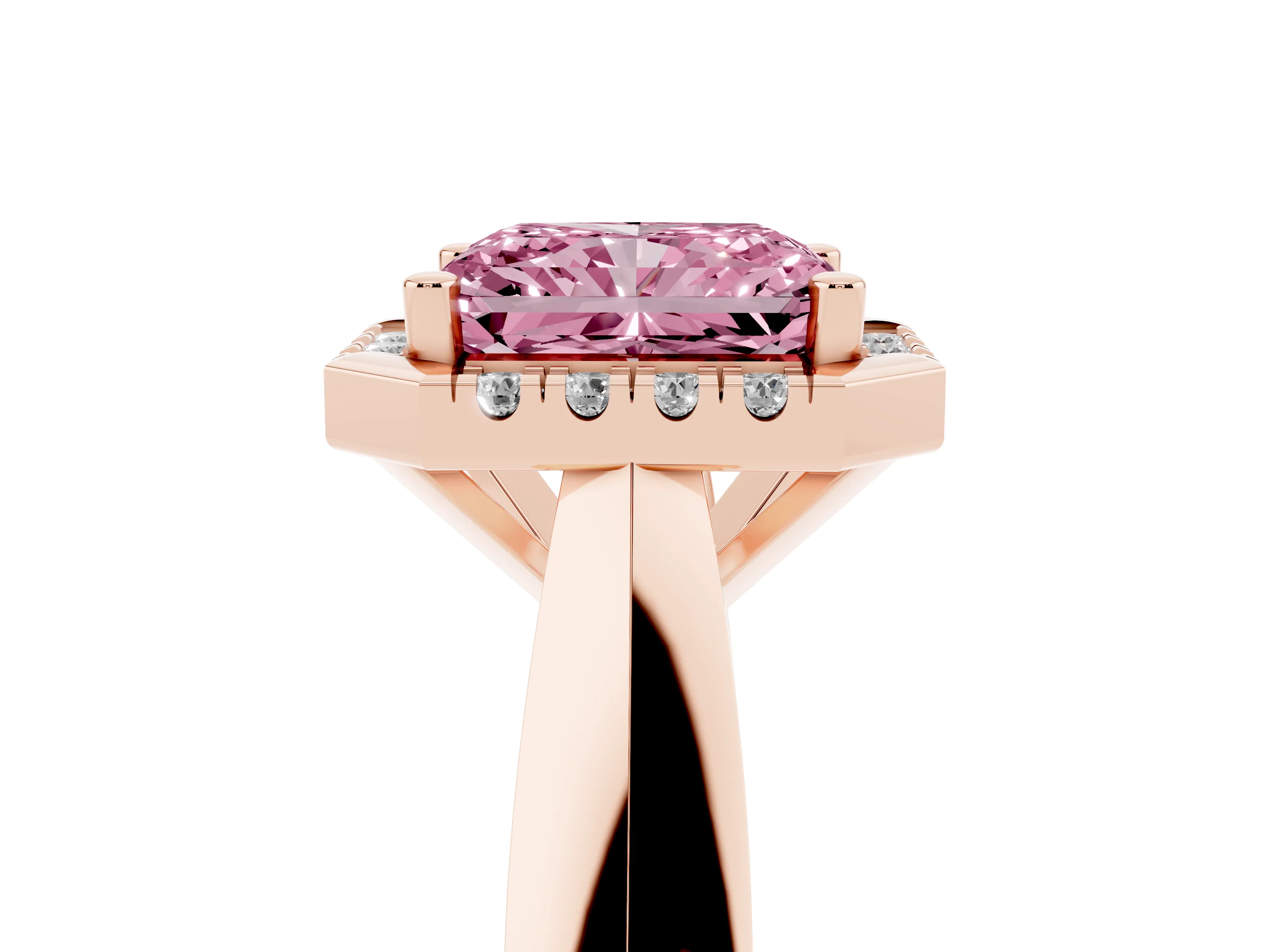 Fancy Pink Radiant Cut Diamond Halo Solitaire Engagement Ring Set in Rose gold with Square Band and Prong Setting