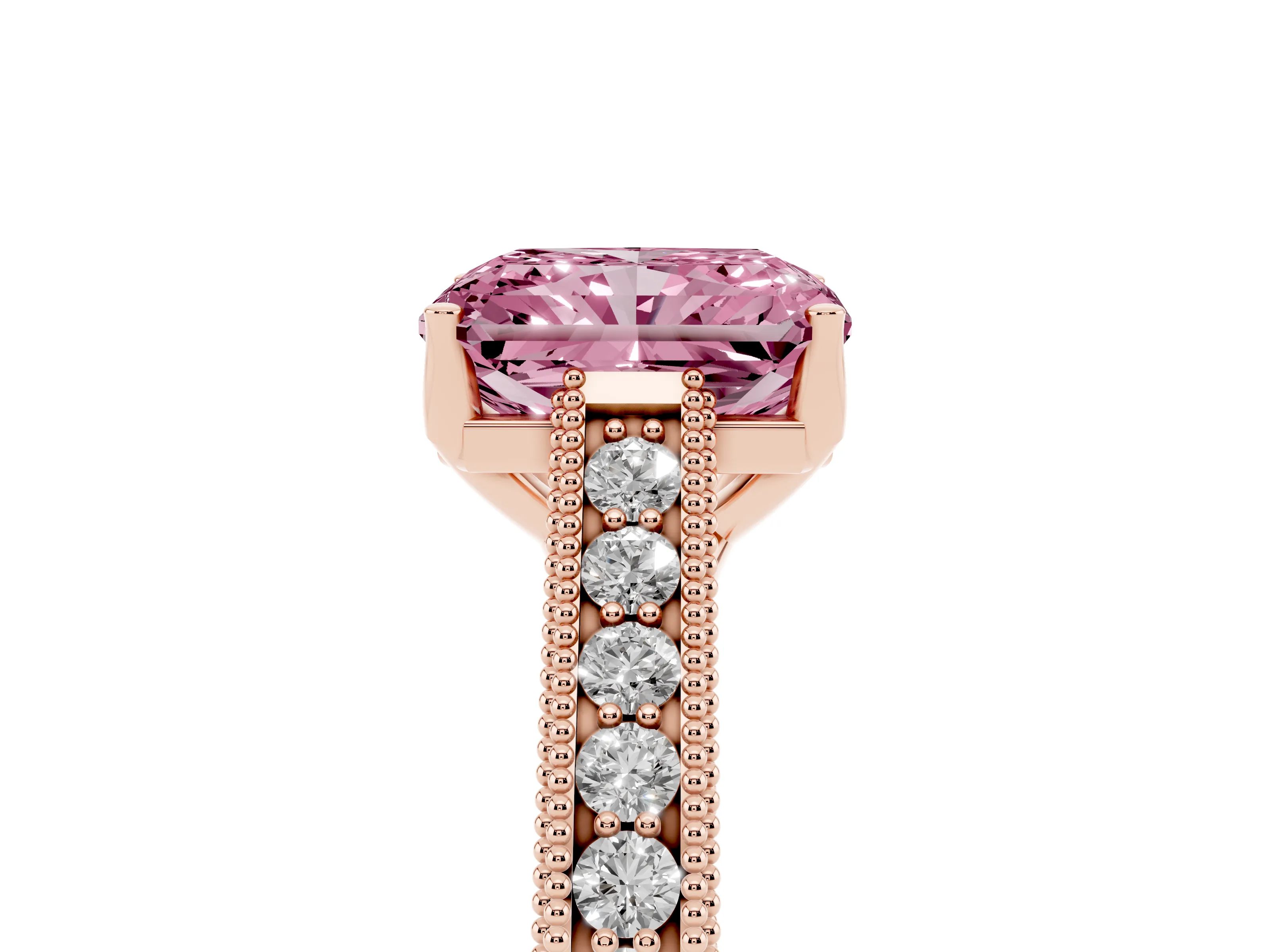 Fancy Pink Radiant Cut Diamond Milgrain Pavé Band Solitaire Ring Set in Rose gold with Prong Setting