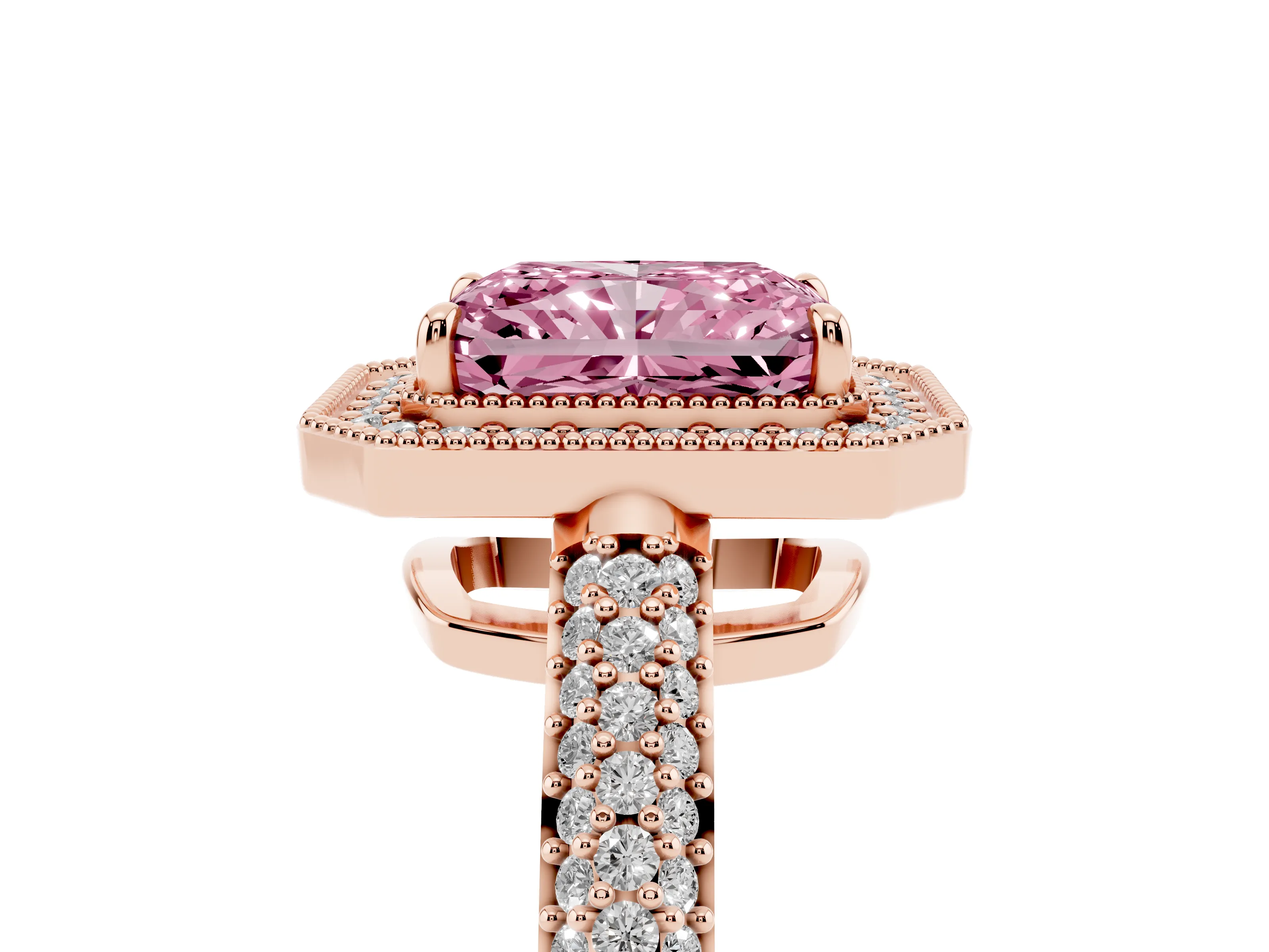 Fancy Pink Radiant Cut Diamond Halo Pavé Band Set in Rose gold with Prong Setting