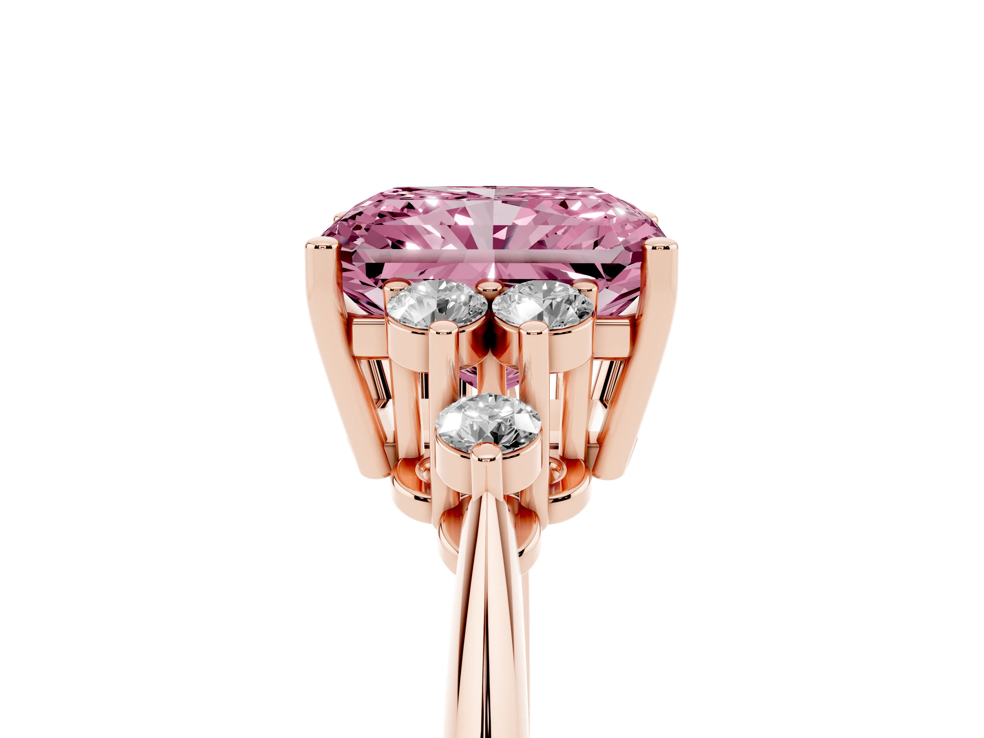 Fancy Pink Radiant Cut Diamond Cluster Ring Set in Rose gold with Plain Band and Prong Setting