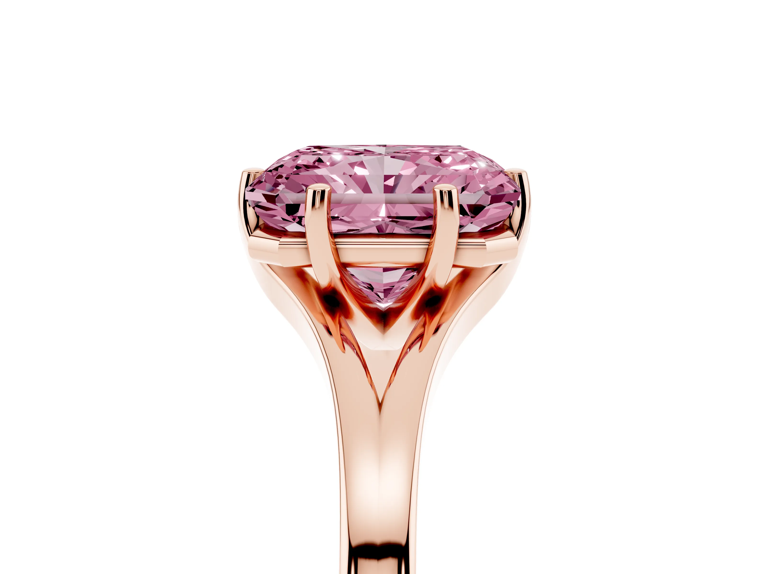 Fancy Pink Radiant Cut Diamond Solitaire Ring Set in Rose gold with Polished Tapered Band and Prong Setting