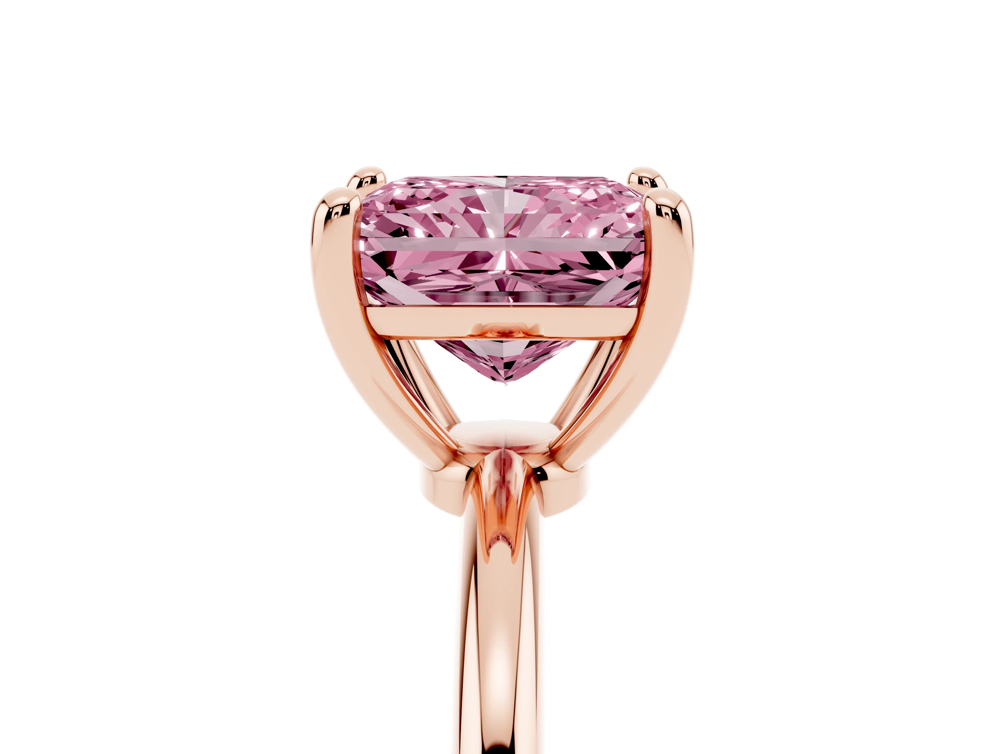 Fancy Pink Radiant Cut Diamond Solitaire Ring Set in Rose gold with Secure Prong Setting on a Classic Band