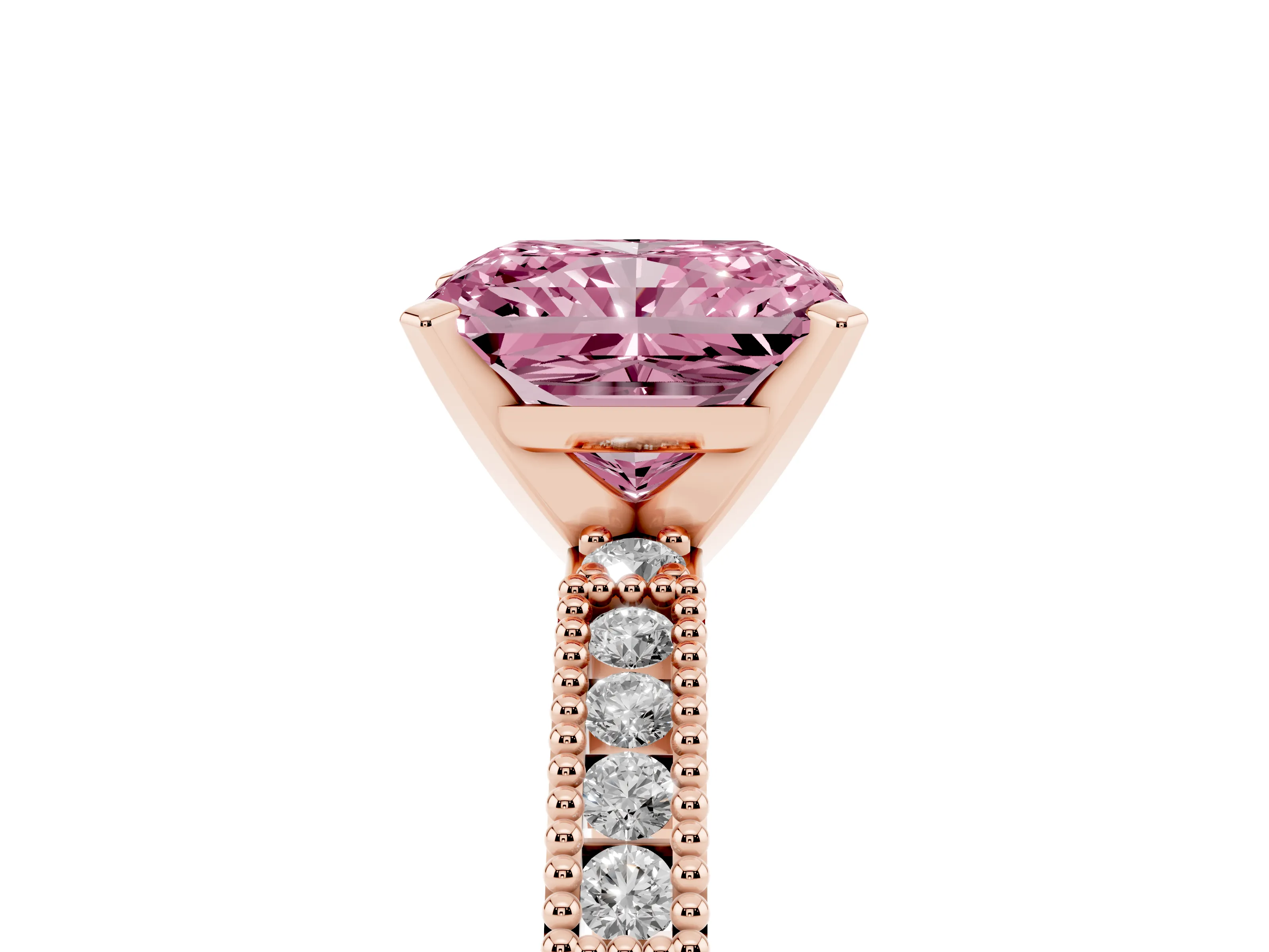 Fancy Pink Radiant Cut Diamond Solitaire Ring Set in Rose gold with Slim Pavé Band and Prong Setting