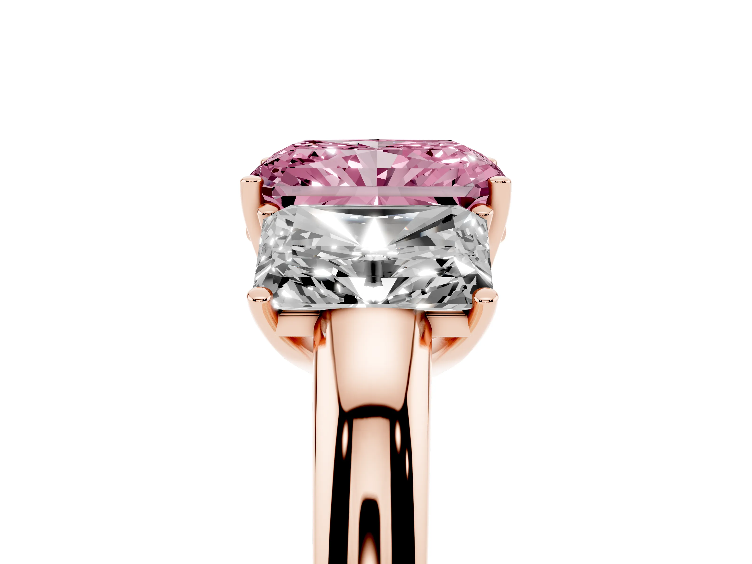 Fancy Pink Radiant Cut Diamond Three-Stone Ring Set in Rose gold with Bold Center and Classic Band