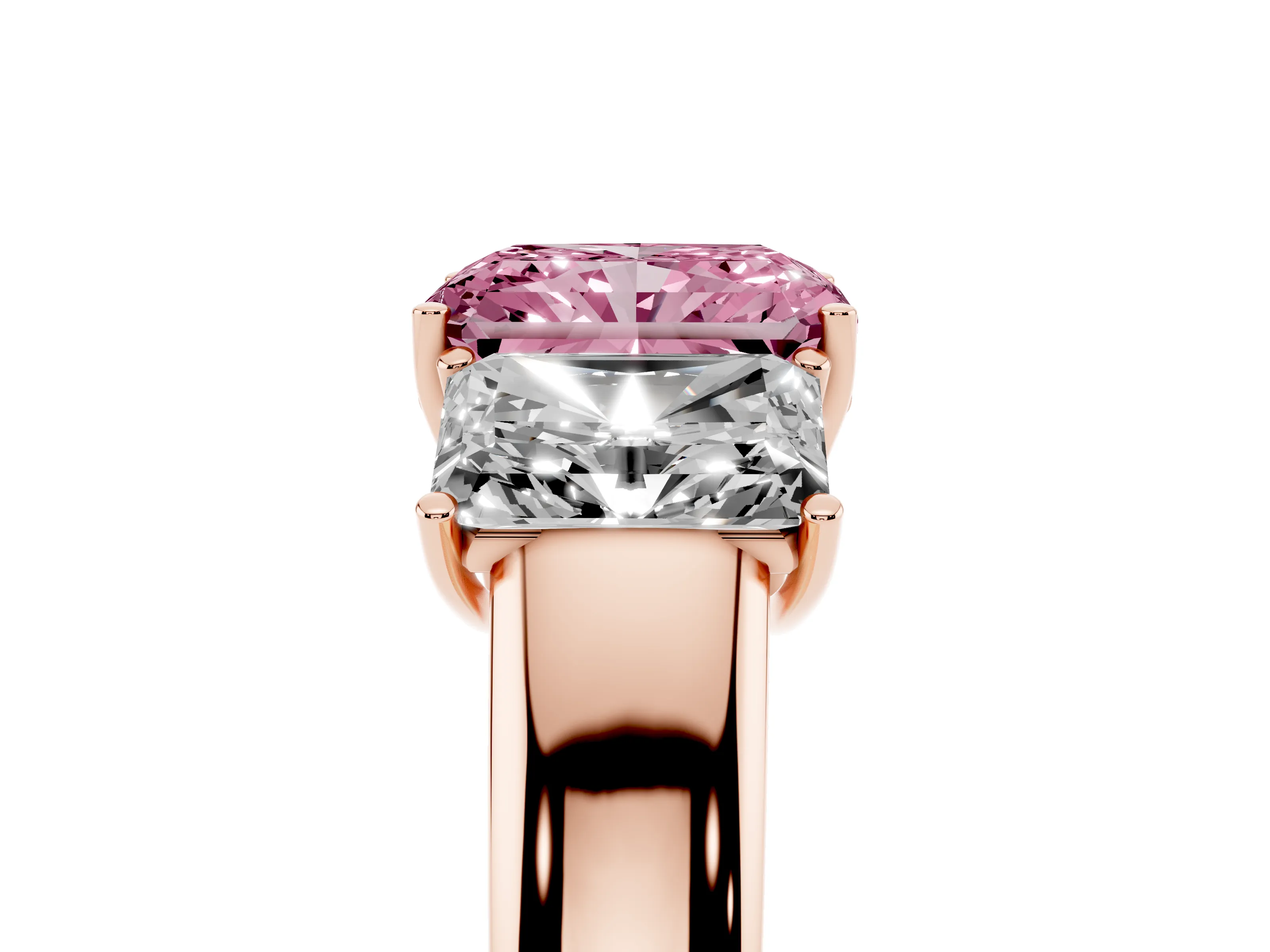 Fancy Pink Three-Stone Radiant Cut Diamond Ring Set in Rose gold with Matching Prong Settings and Plain Band