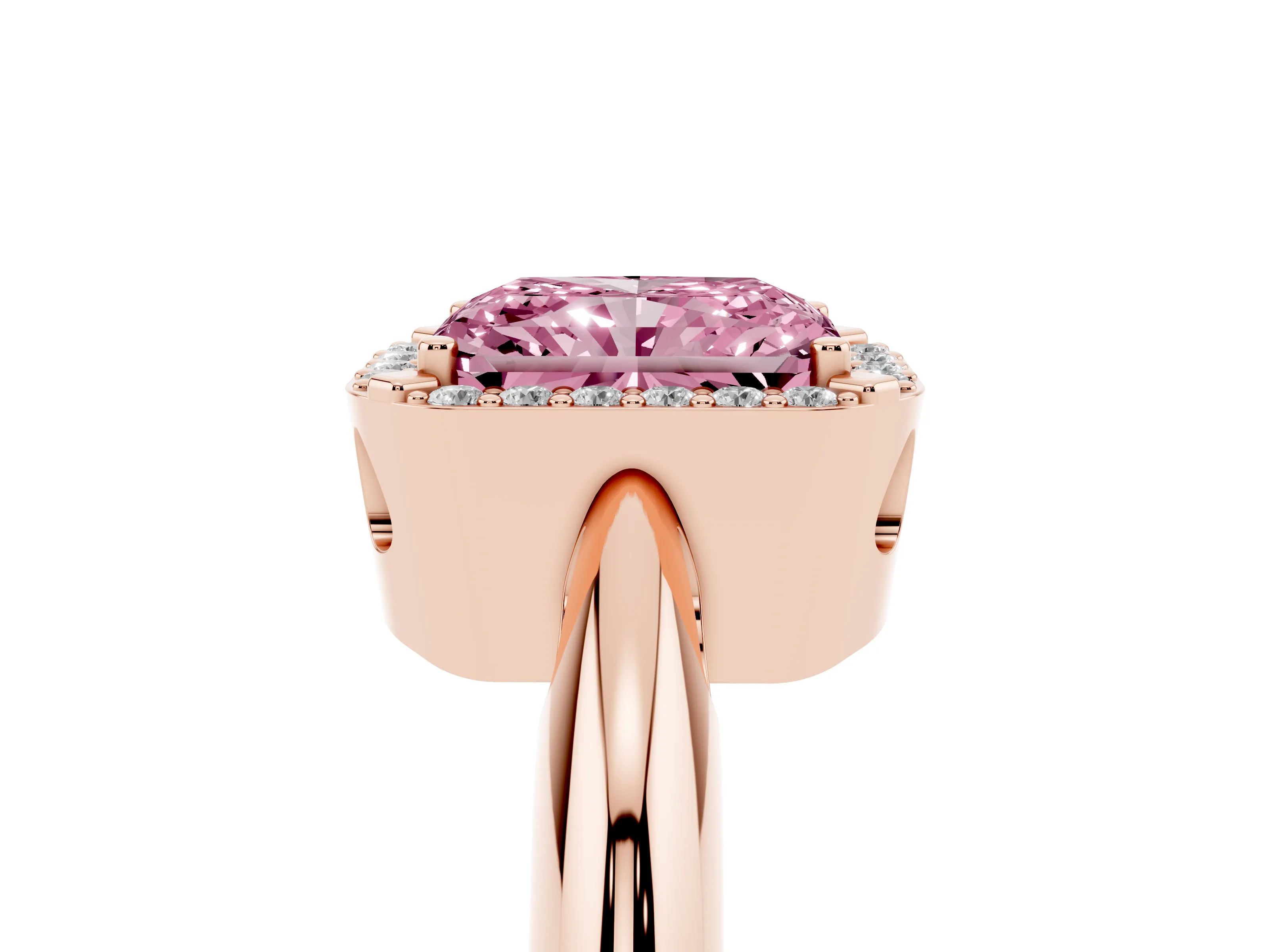 Fancy Pink Radiant Cut Diamond Halo Engagement Ring Set in Rose gold with Plain Split Shank and Prong Setting