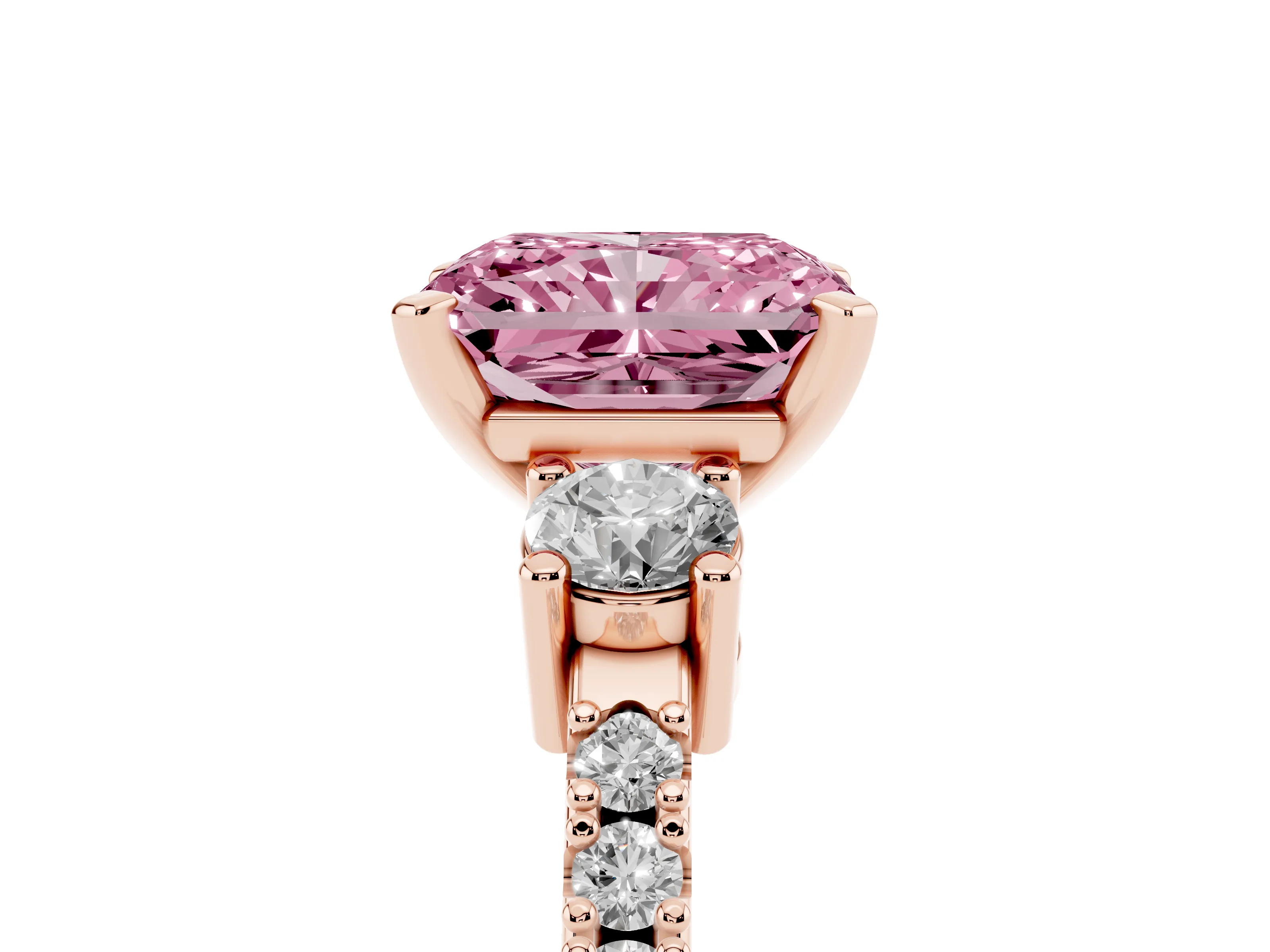 Fancy Pink Three-Stone Radiant Cut Diamond Pavé Band Ring Set in Rose gold with Prong Setting