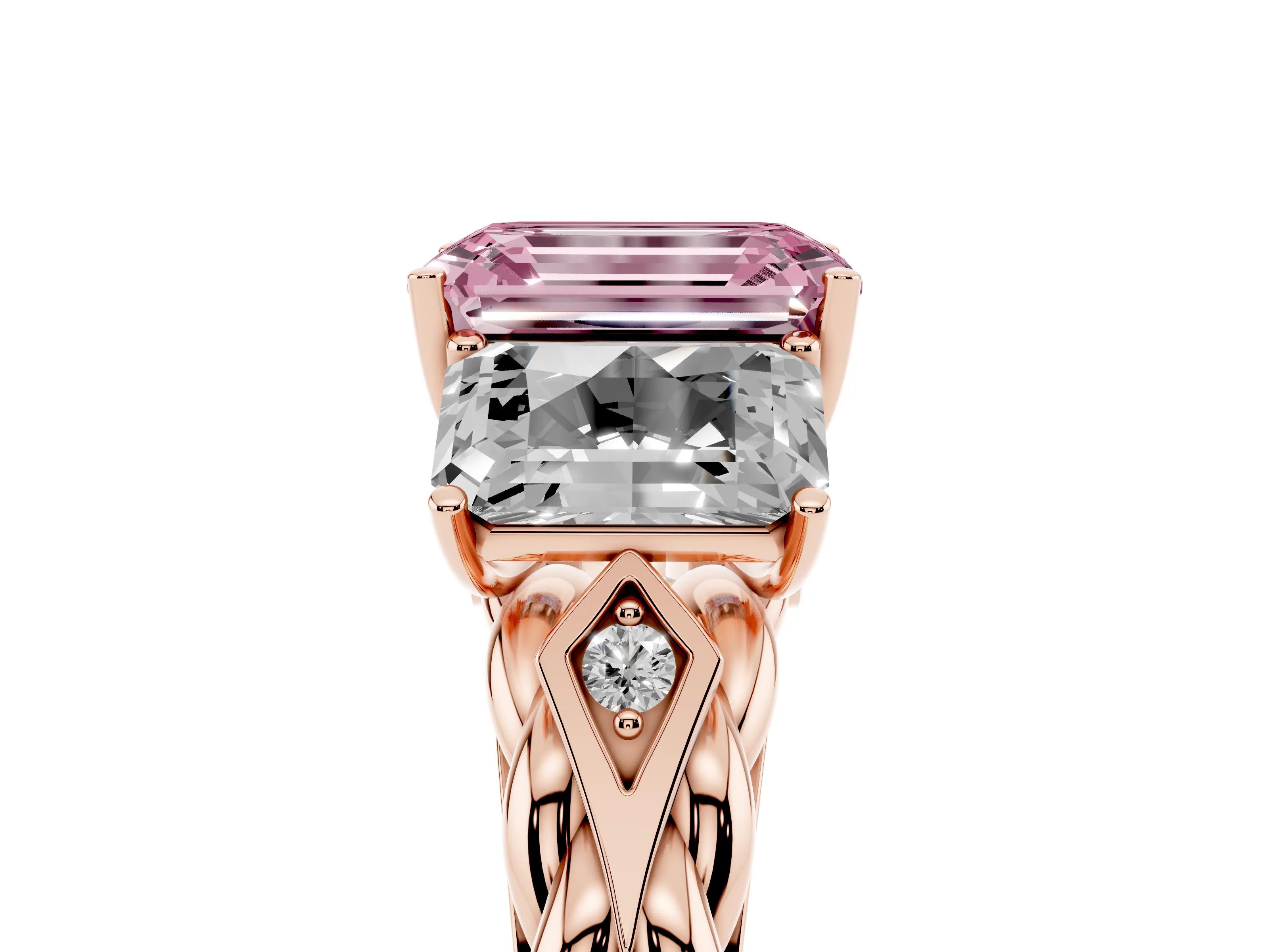 Fancy Pink Radiant Cut Diamond Three-Stone Ring Set in Rose gold with Braided Band