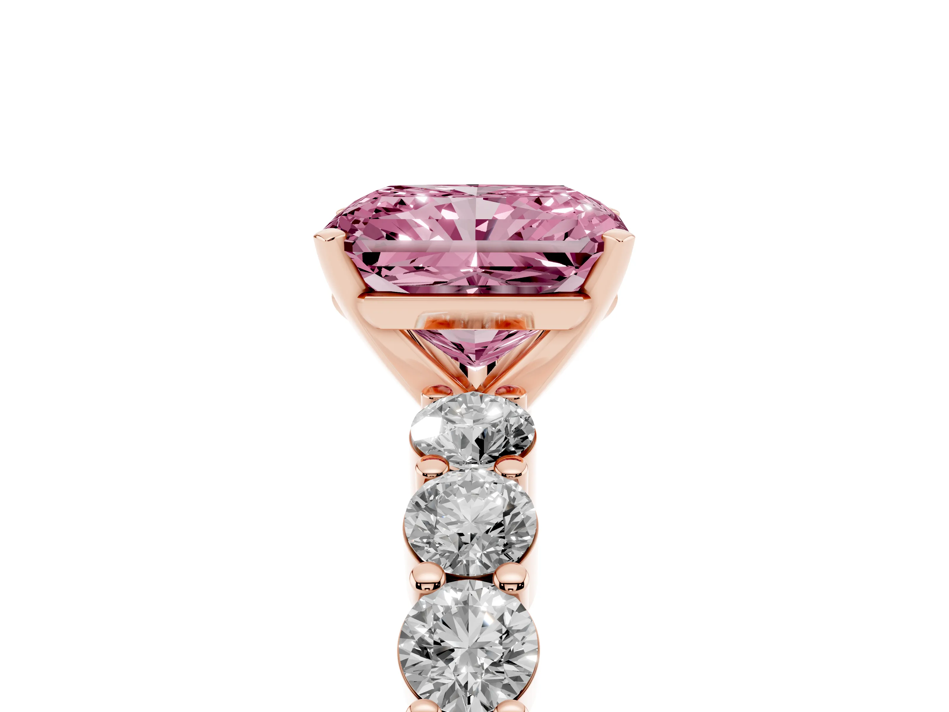 Fancy Pink Radiant Cut Diamond Solitaire Ring Set in Rose gold with Shared Prong Round Side Stones