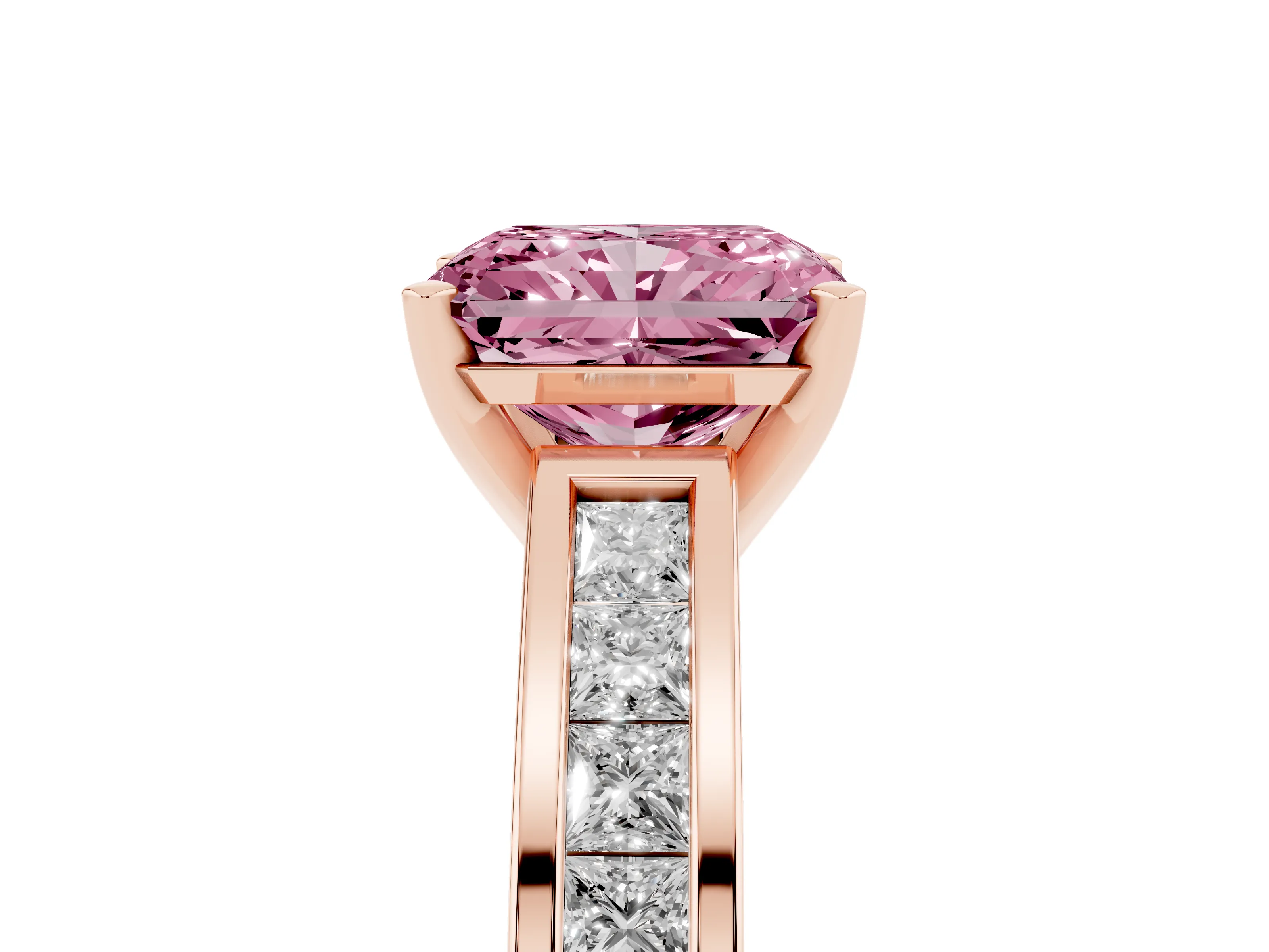 Fancy Pink Radiant Cut Diamond Solitaire Ring Set in Rose gold with Channel-Set Band and Prong Setting