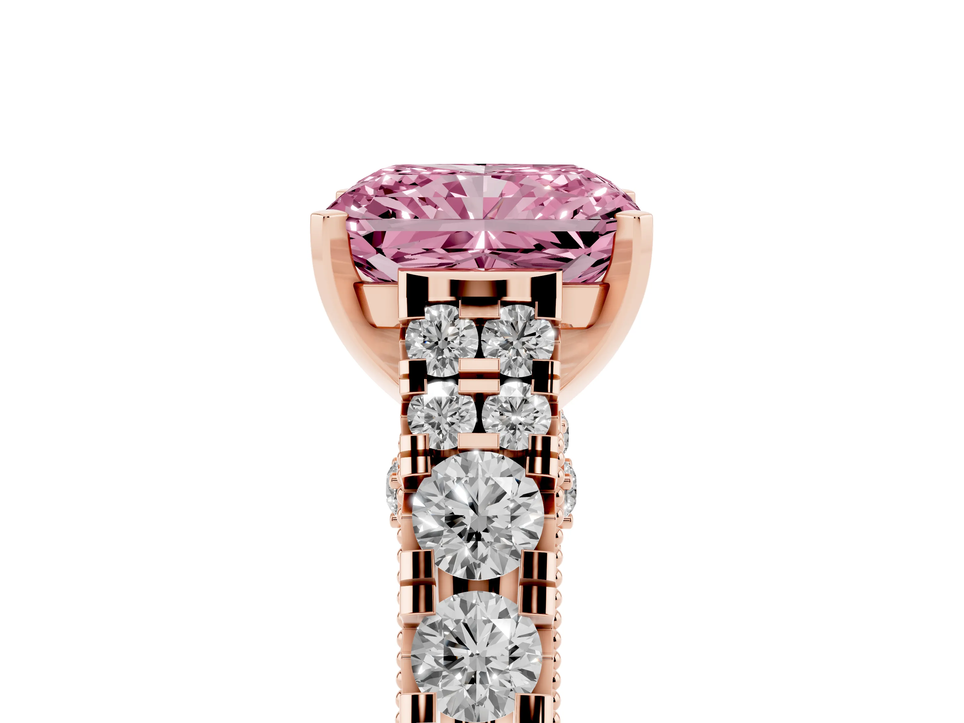 Fancy Pink Radiant Cut Diamond Classic Solitaire Ring Set in Rose gold with Pavé Band and Prong Setting