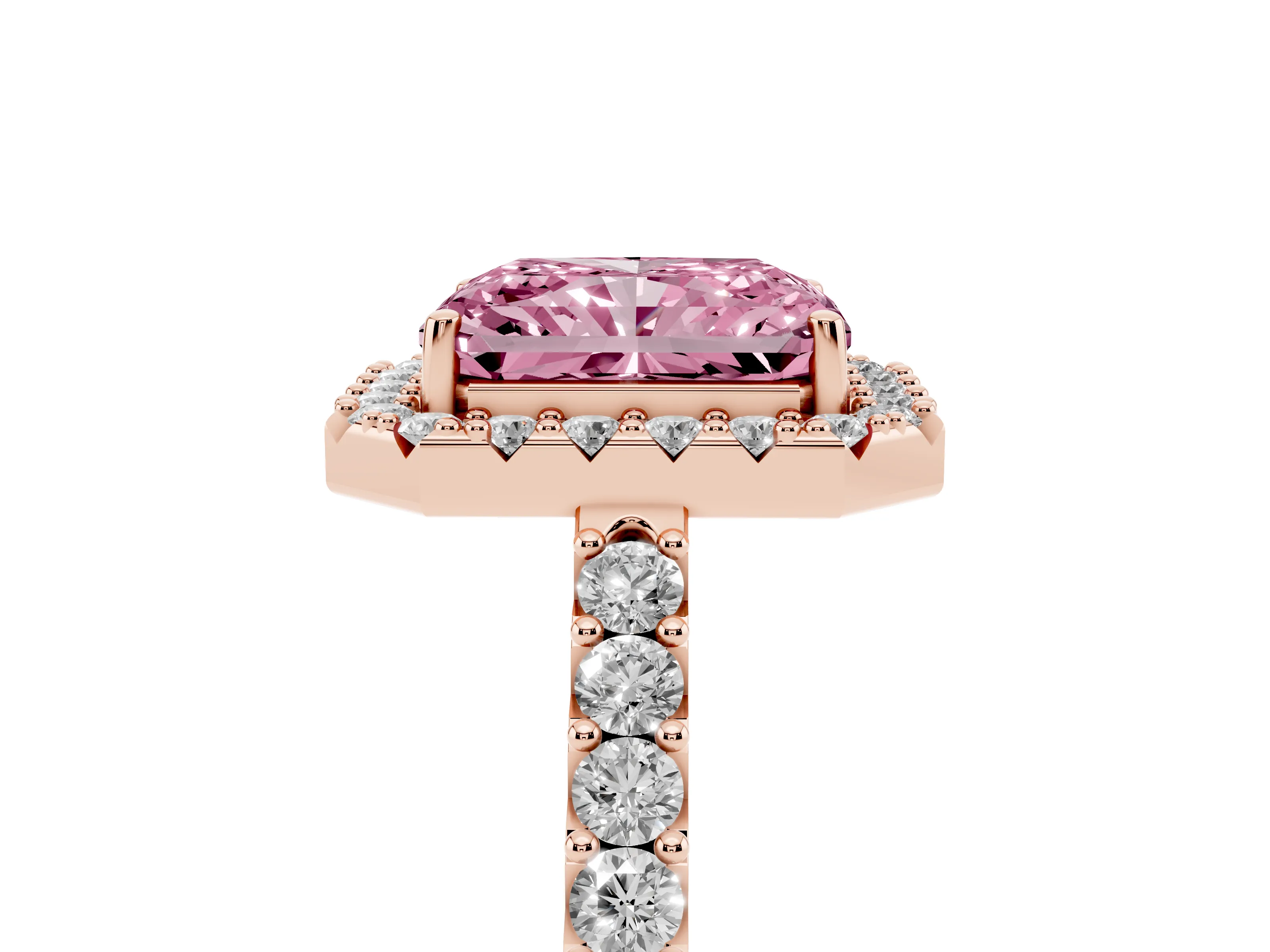 Fancy Pink Radiant Cut Diamond Halo Pavé Solitaire Ring Set in Rose gold with Prong-Set Center Stone