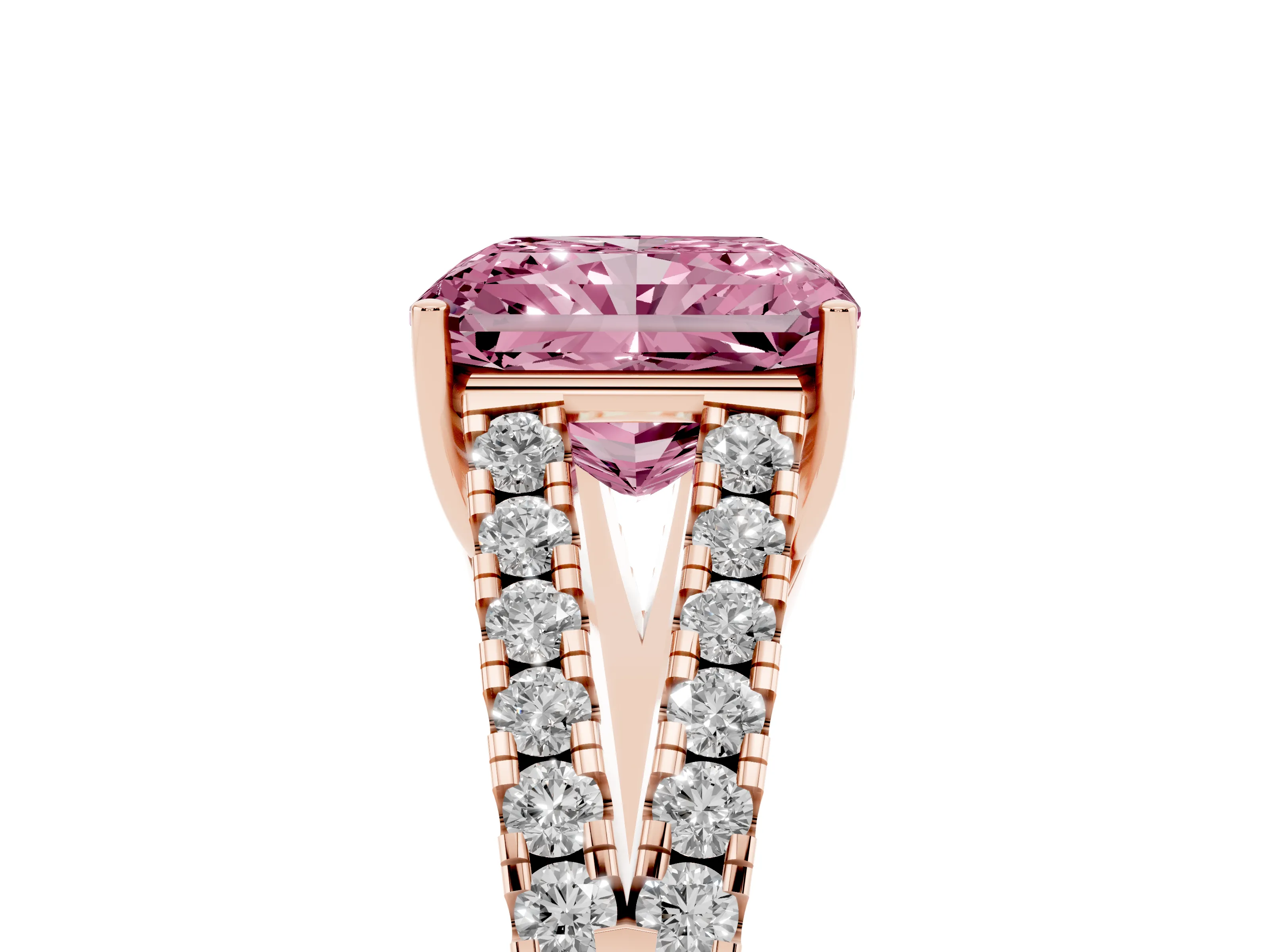 Fancy Pink Radiant Cut Diamond Split Shank Pavé Engagement Ring Set in Rose gold with Prong-Held Center Stone