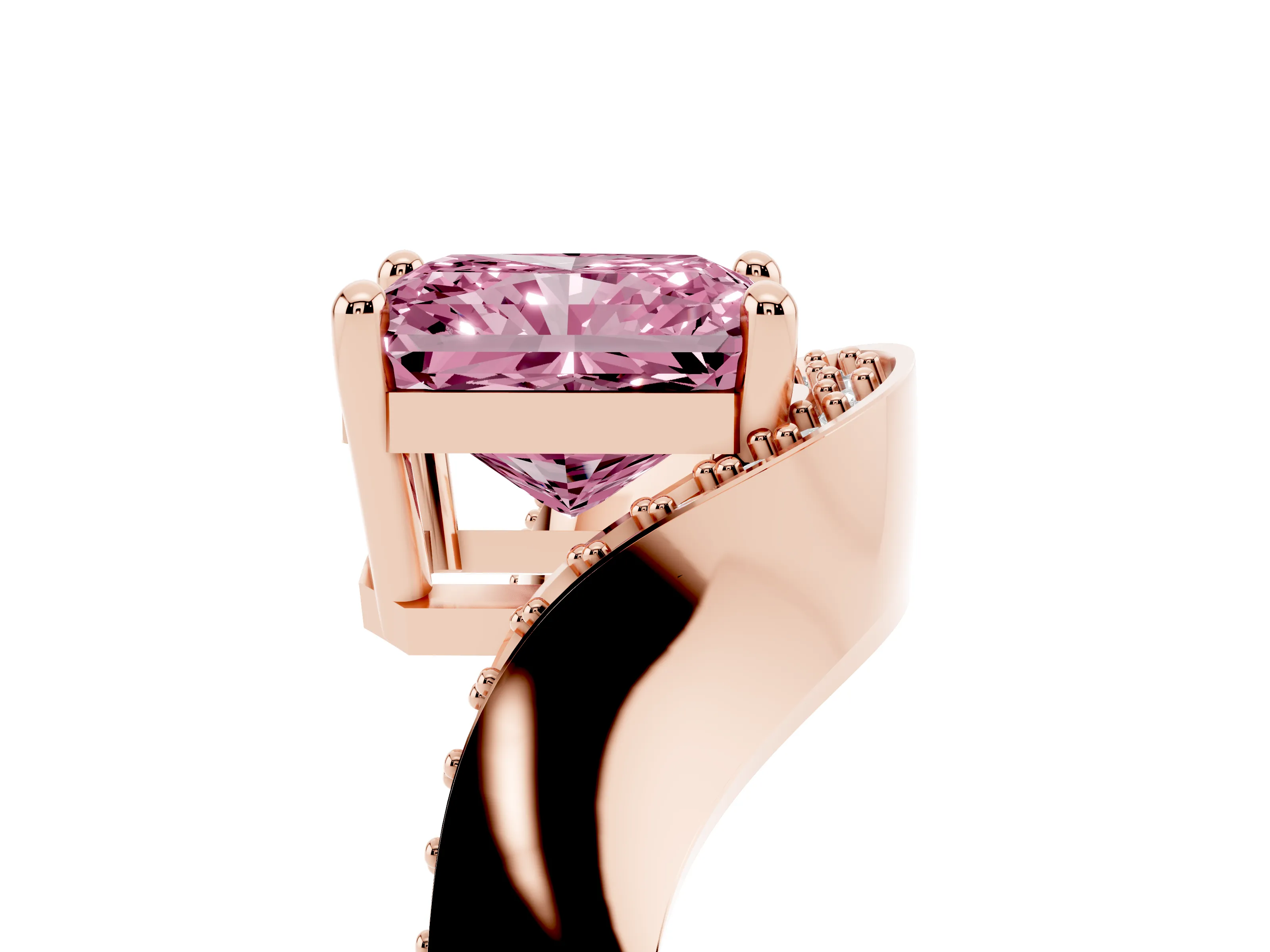 Fancy Pink Radiant Cut Diamond Solitaire Engagement Ring Set in Rose gold with Pavé Shoulders