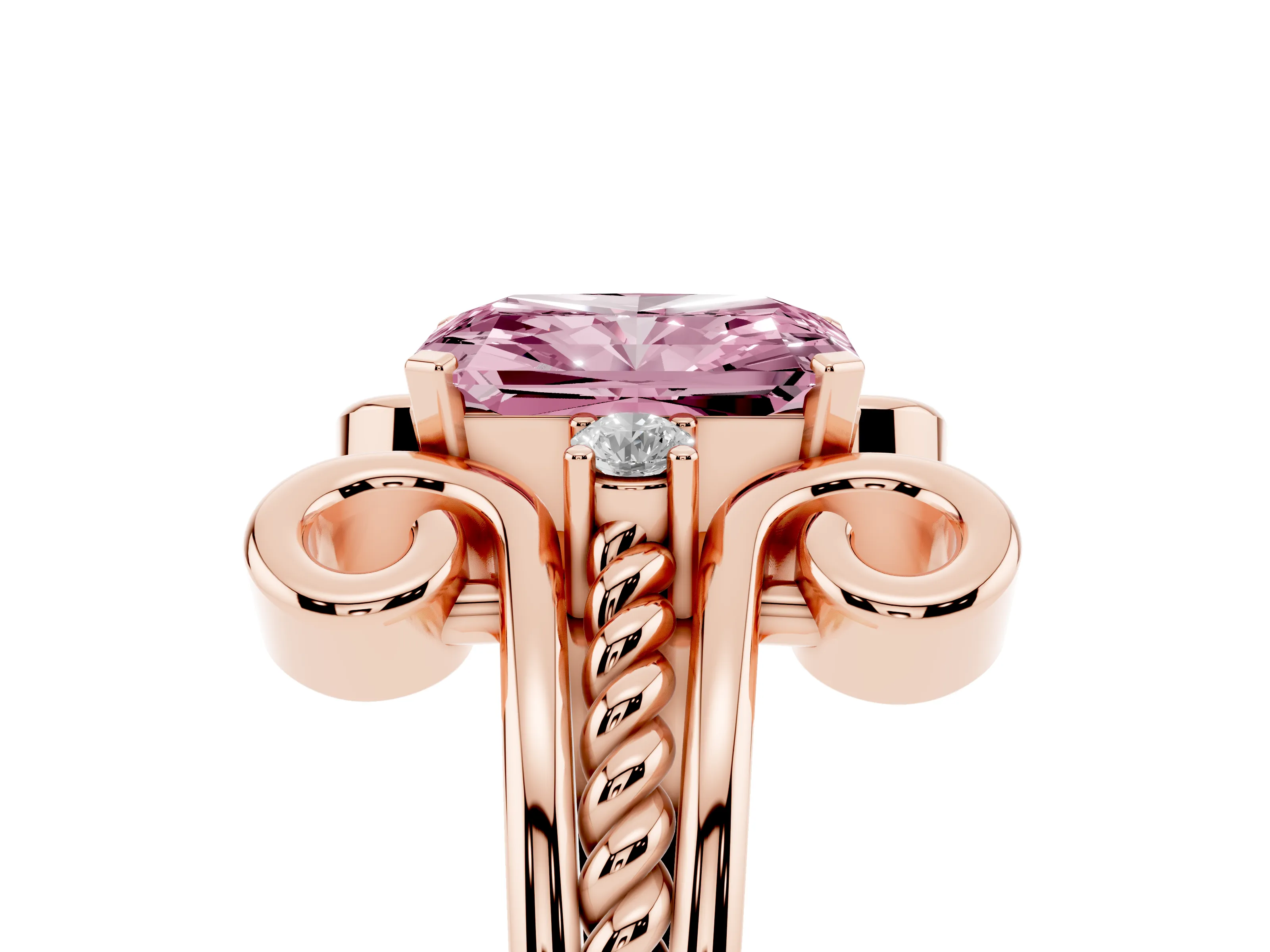 Fancy Pink Radiant Cut Diamond Twisted Band Solitaire Ring Set in Rose gold with Scroll Prongs
