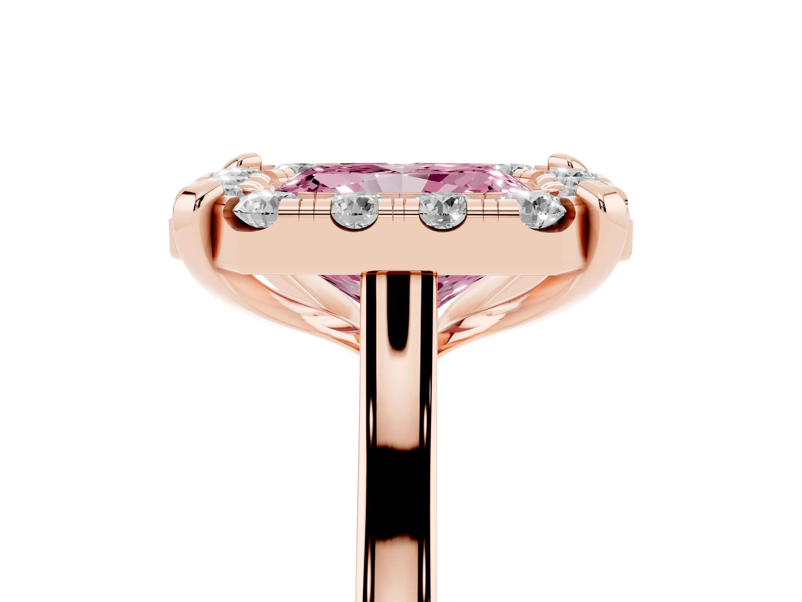 Fancy Pink Radiant Cut Diamond Cluster Halo Solitaire Ring Set in Rose gold with Prong Setting
