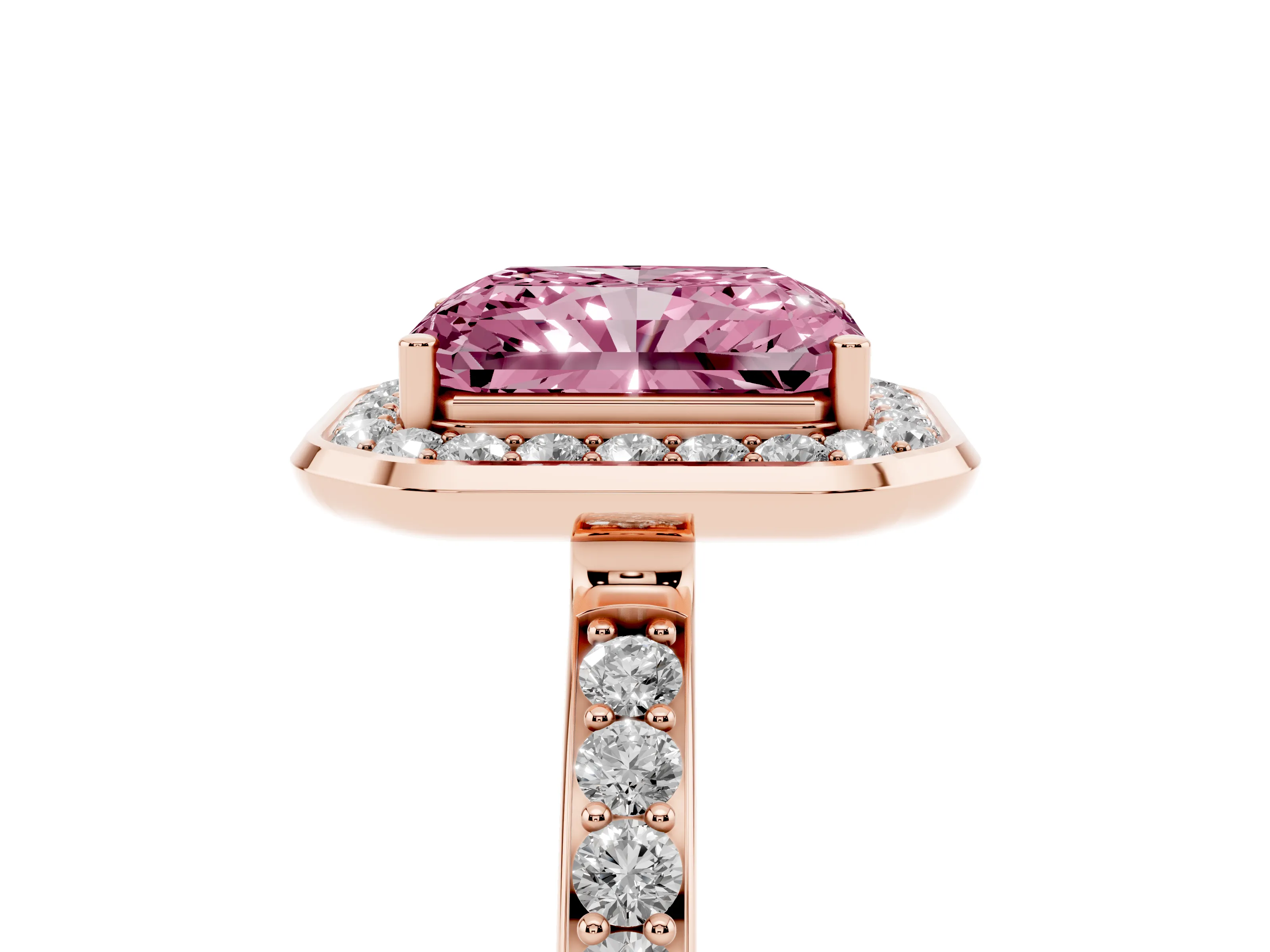 Fancy Pink Radiant Cut Diamond Halo Ring Set in Rose gold with Bezel Frame and Pavé Band