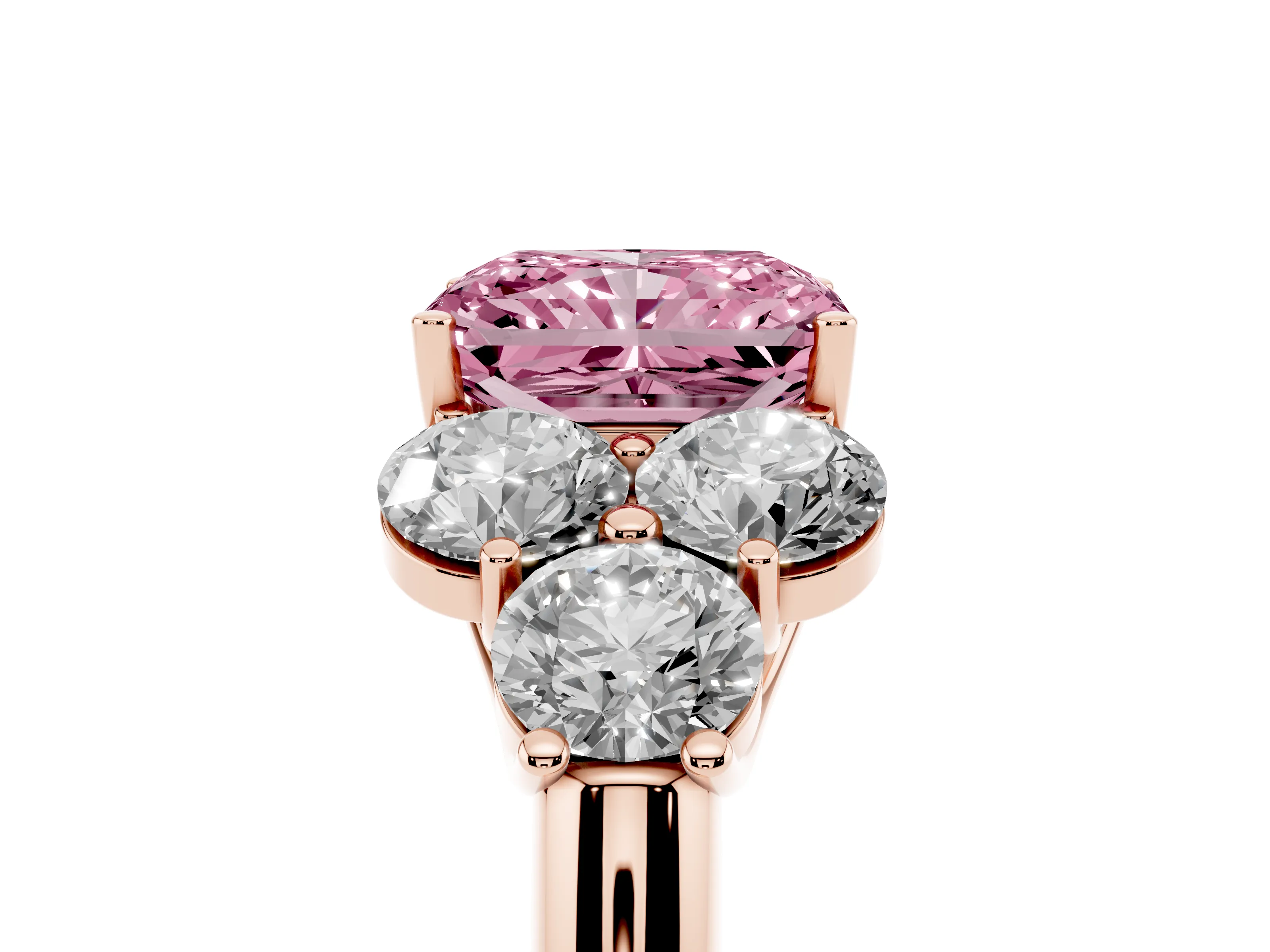 Fancy Pink Radiant Cut Diamond Cluster Ring Set in Rose gold with Round Accent Stones and Prong Setting on a Plain Band