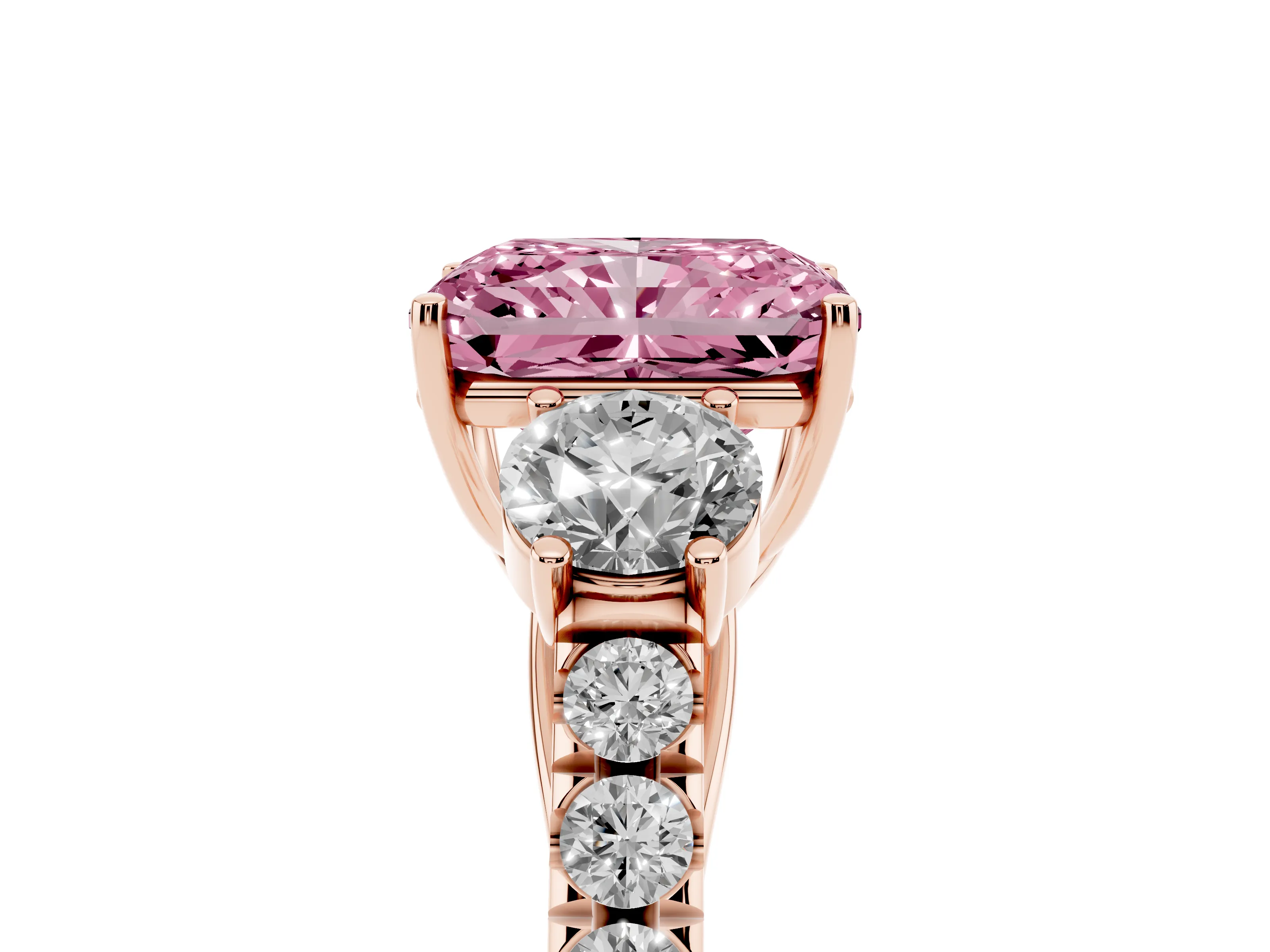 Fancy Pink Radiant Cut Diamond Three-Stone Ring Set in Rose gold with Round Side Stones and Delicate Pavé Band