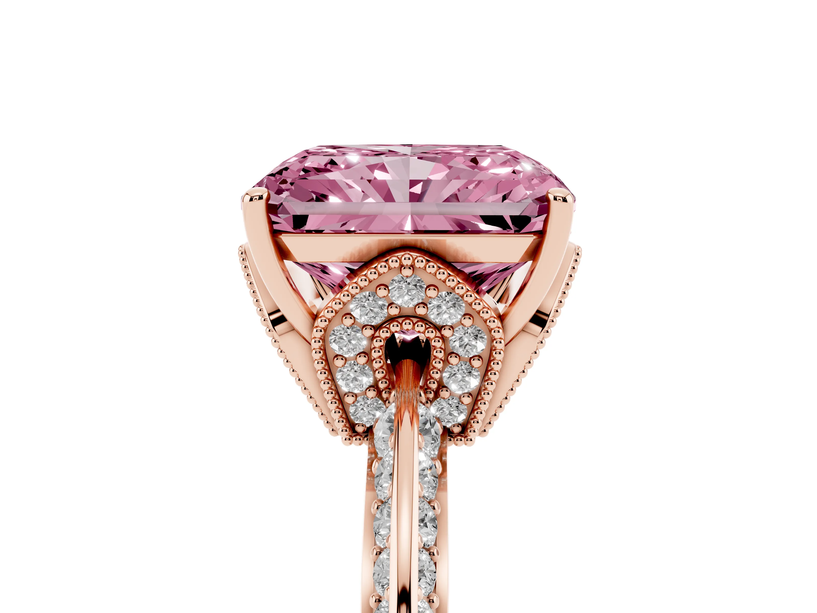 Fancy Pink Radiant Cut Diamond Solitaire Engagement Ring Set in Rose gold with Pavé Split Shank and Prong Setting