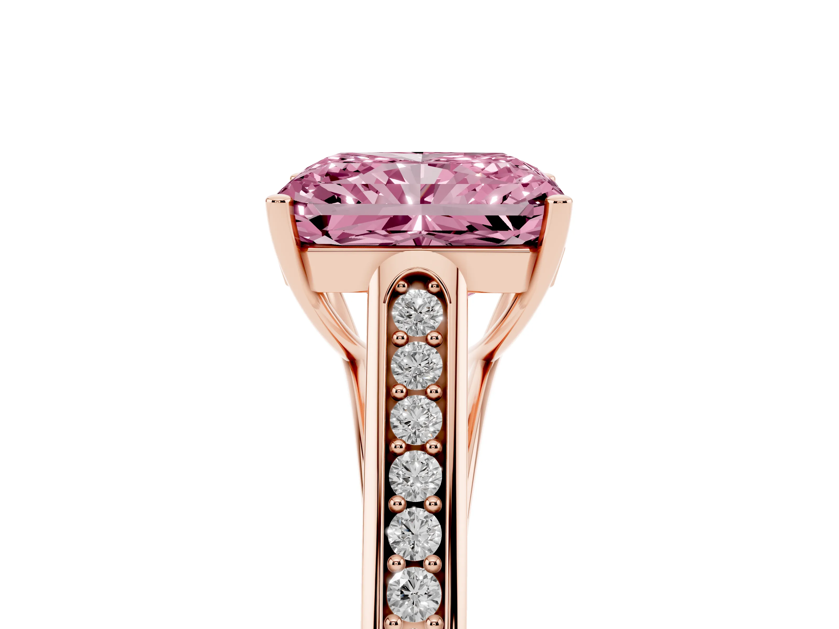 Fancy Pink Radiant Cut Diamond Solitaire Cathedral Engagement Ring Set in Rose gold with Channel-Set Band and Prong Setting