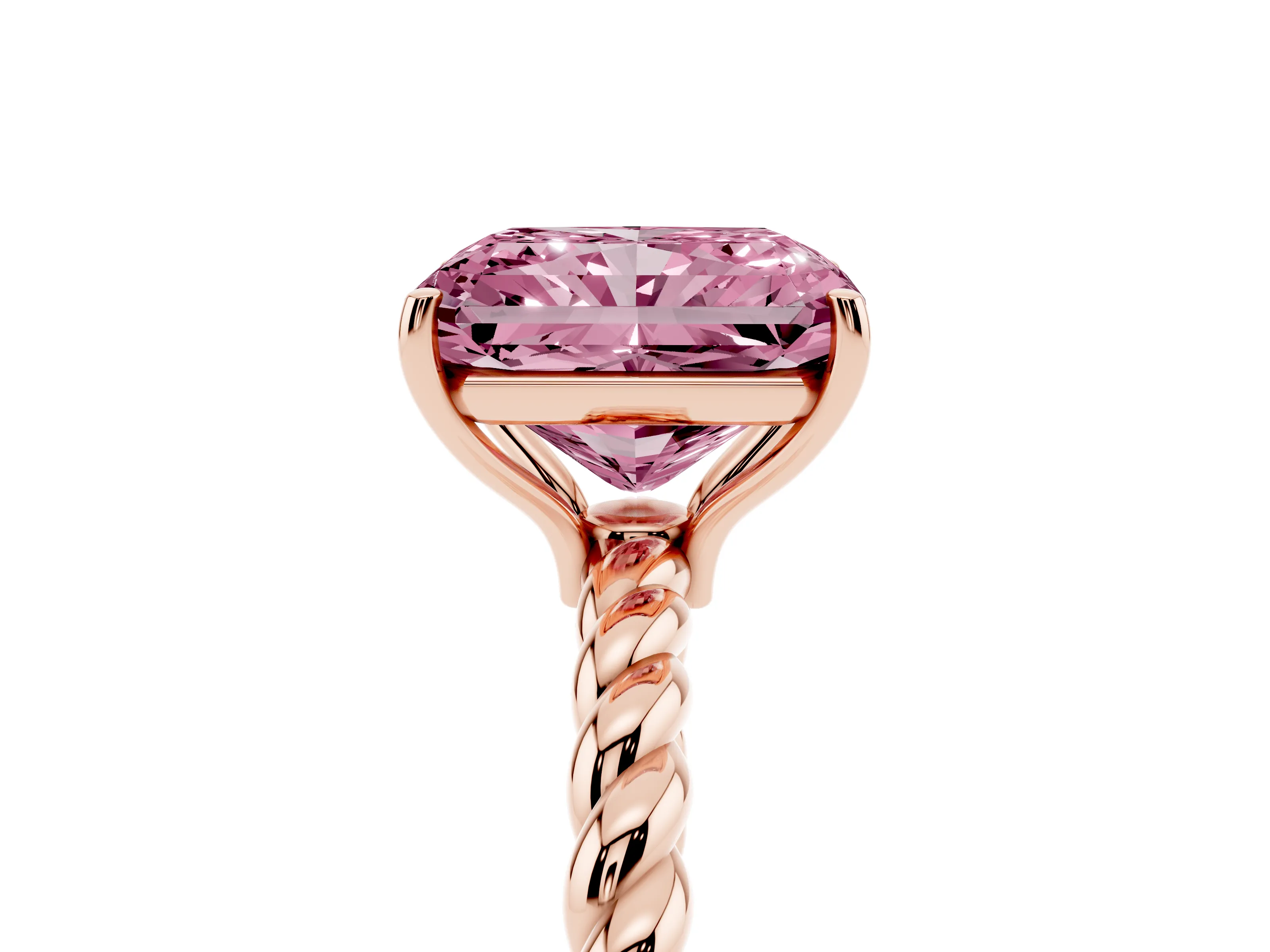 Fancy Pink Radiant Cut Diamond Solitaire Ring Set in Rose gold with Twist Band and Prong Setting