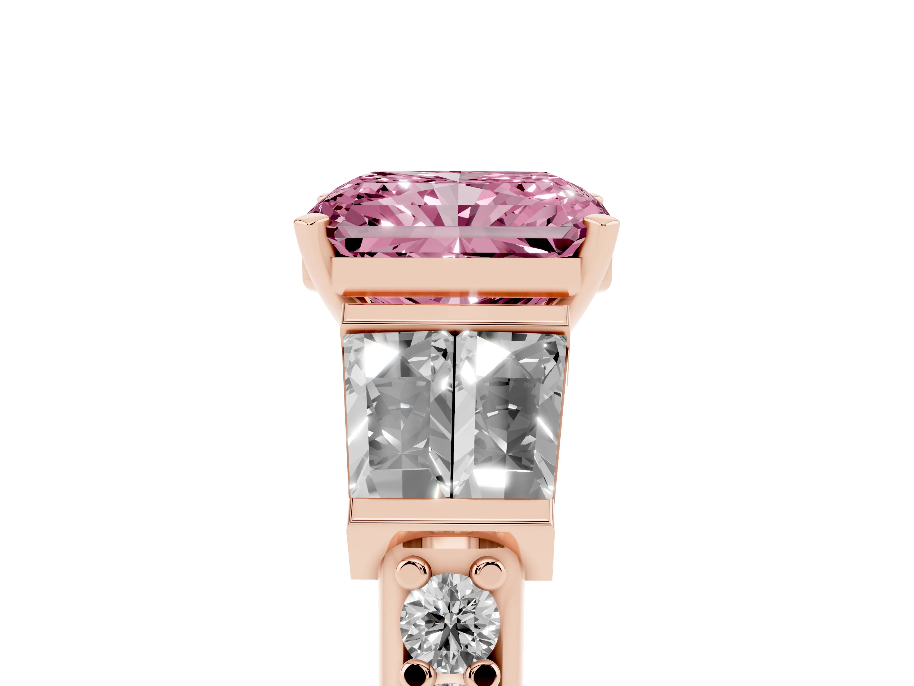 Fancy Pink Radiant Cut Diamond Engagement Ring Set in Rose gold with Baguette Side Stones and Channel Set Band
