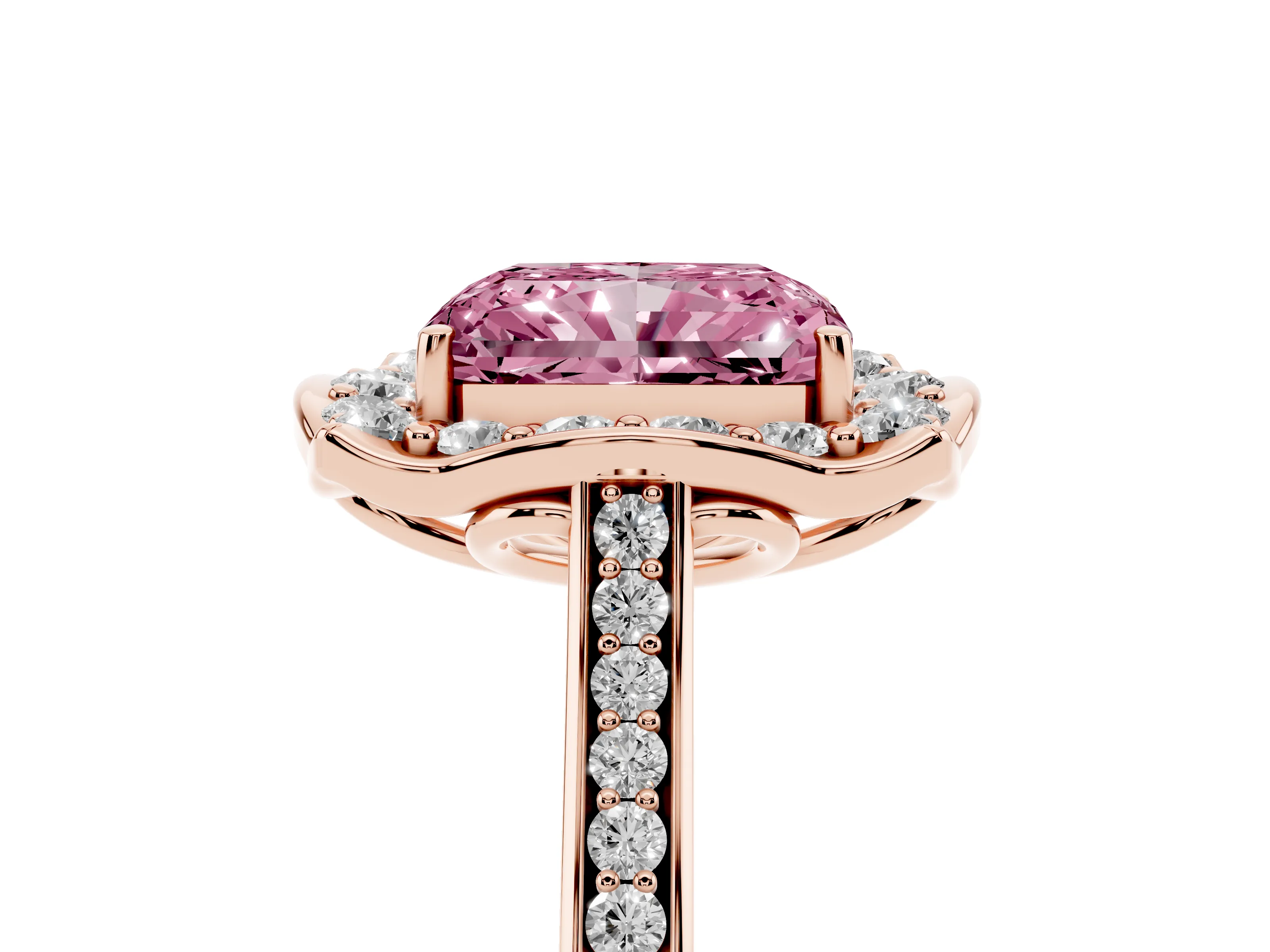 Fancy Pink Radiant Cut Diamond Halo Ring Set in Rose gold with Pavé-Lined Shoulders and Prong Setting