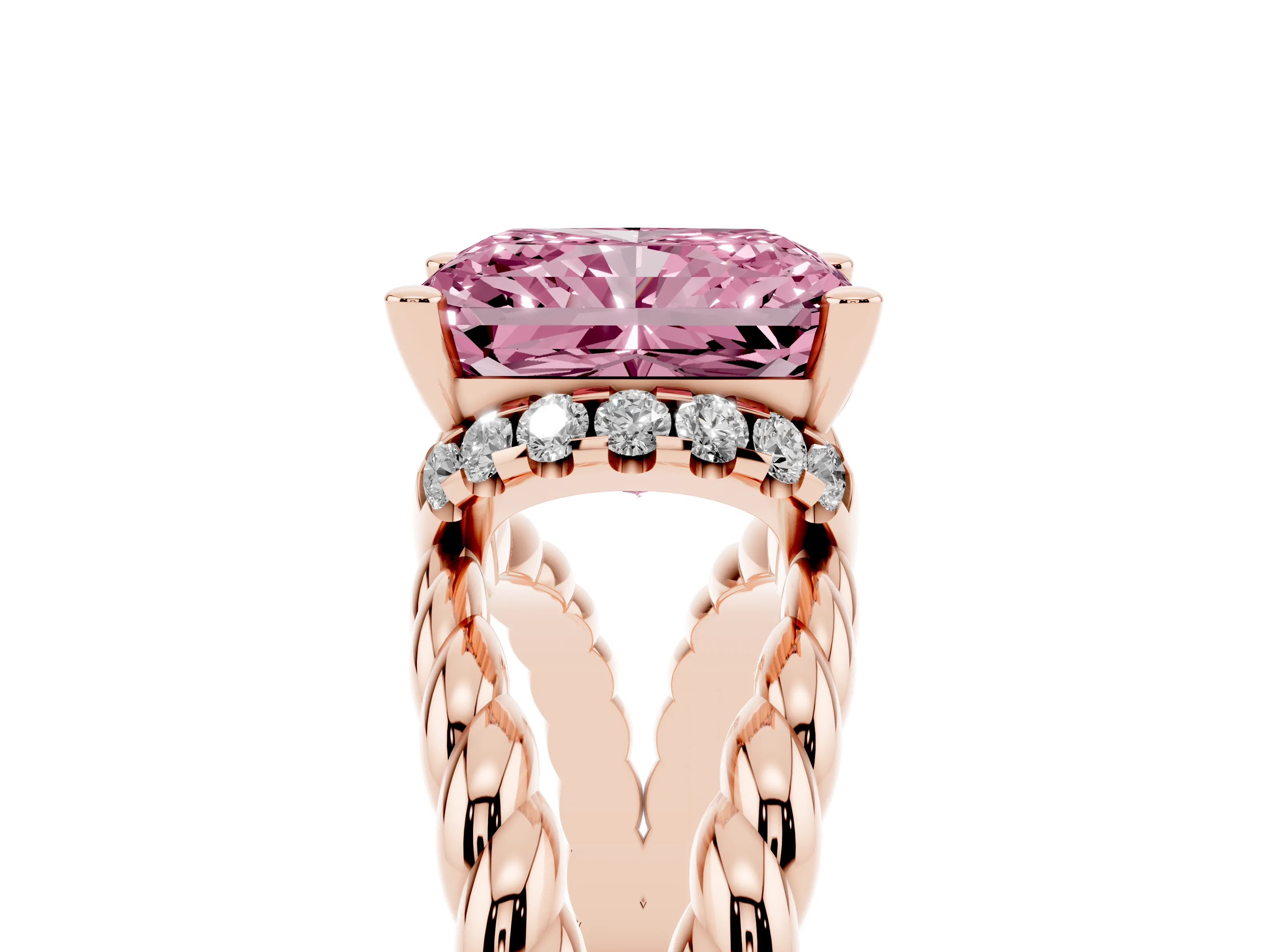 Fancy Pink Radiant Cut Diamond Halo Ring Set in Rose gold with Twisted Band and Prong Setting