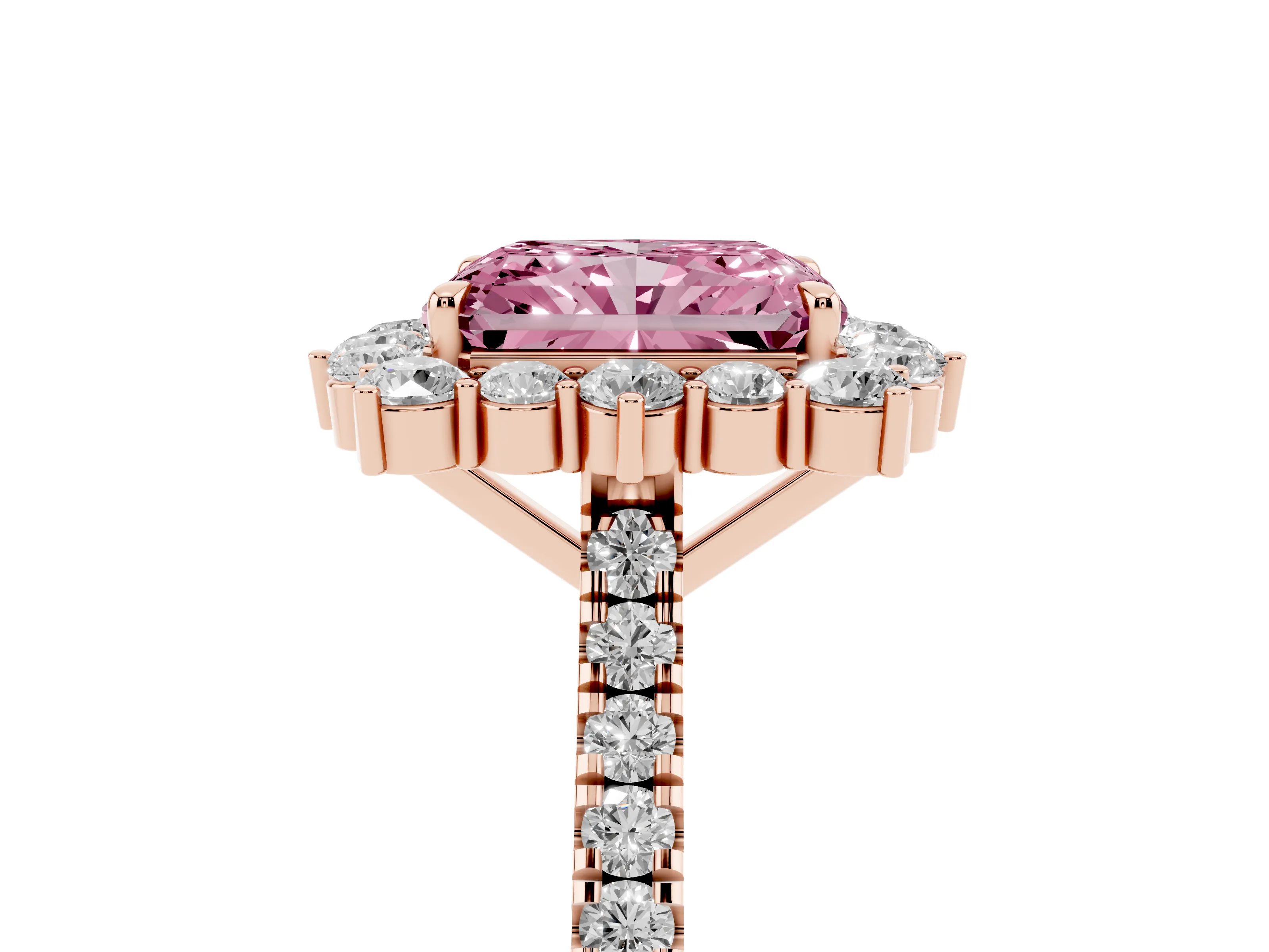 Fancy Pink Radiant Cut Diamond Halo Ring Set in Rose gold with Pavé Band and Prong Setting