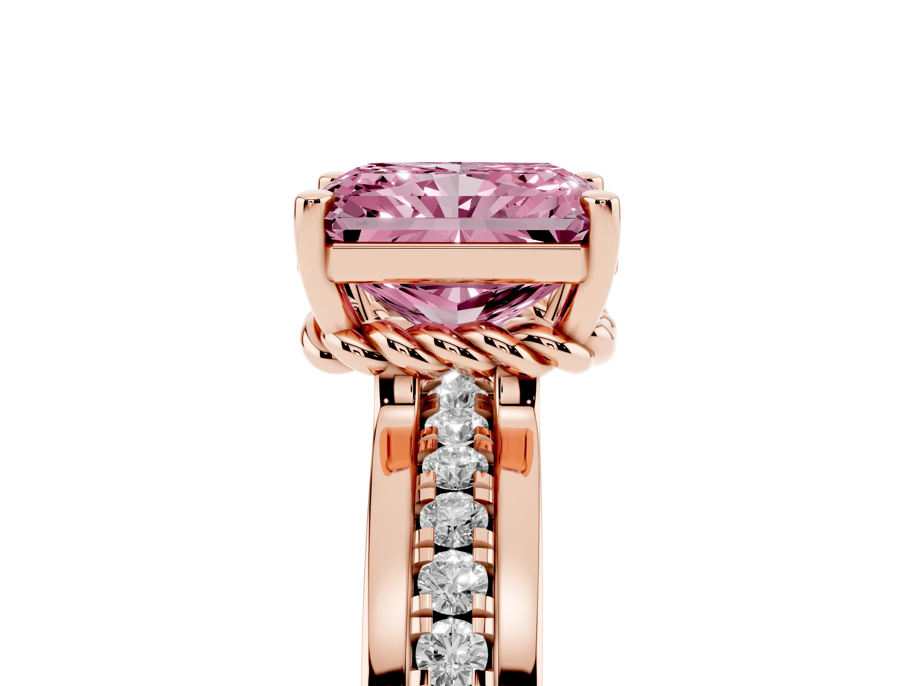 Fancy Pink Radiant Cut Diamond Solitaire Ring Set in Rose gold with Channel Set Band and Prong Setting