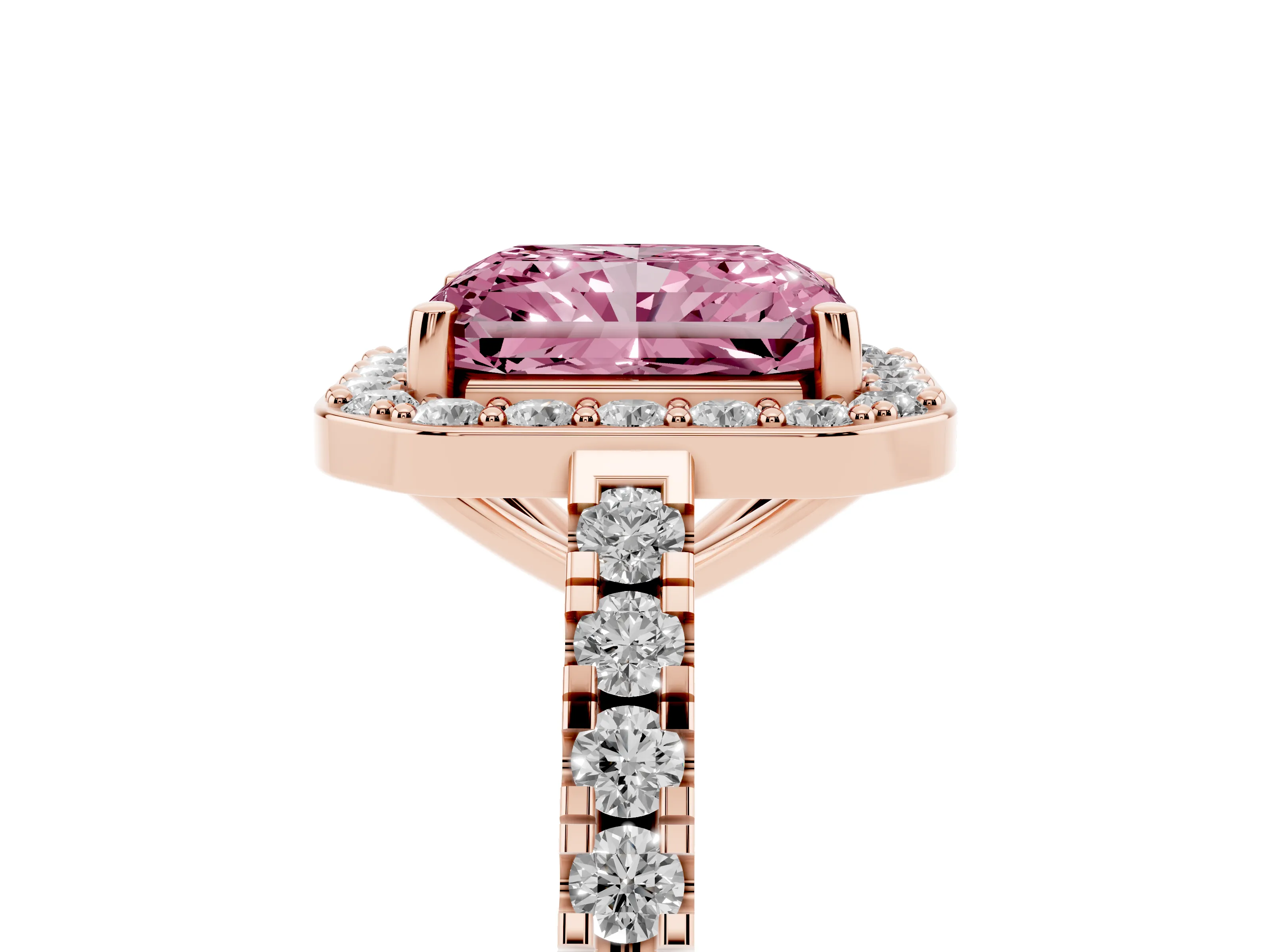 Fancy Pink Radiant Cut Diamond Halo Ring Set in Rose gold with Round Pavé Split Shank and Prong Setting