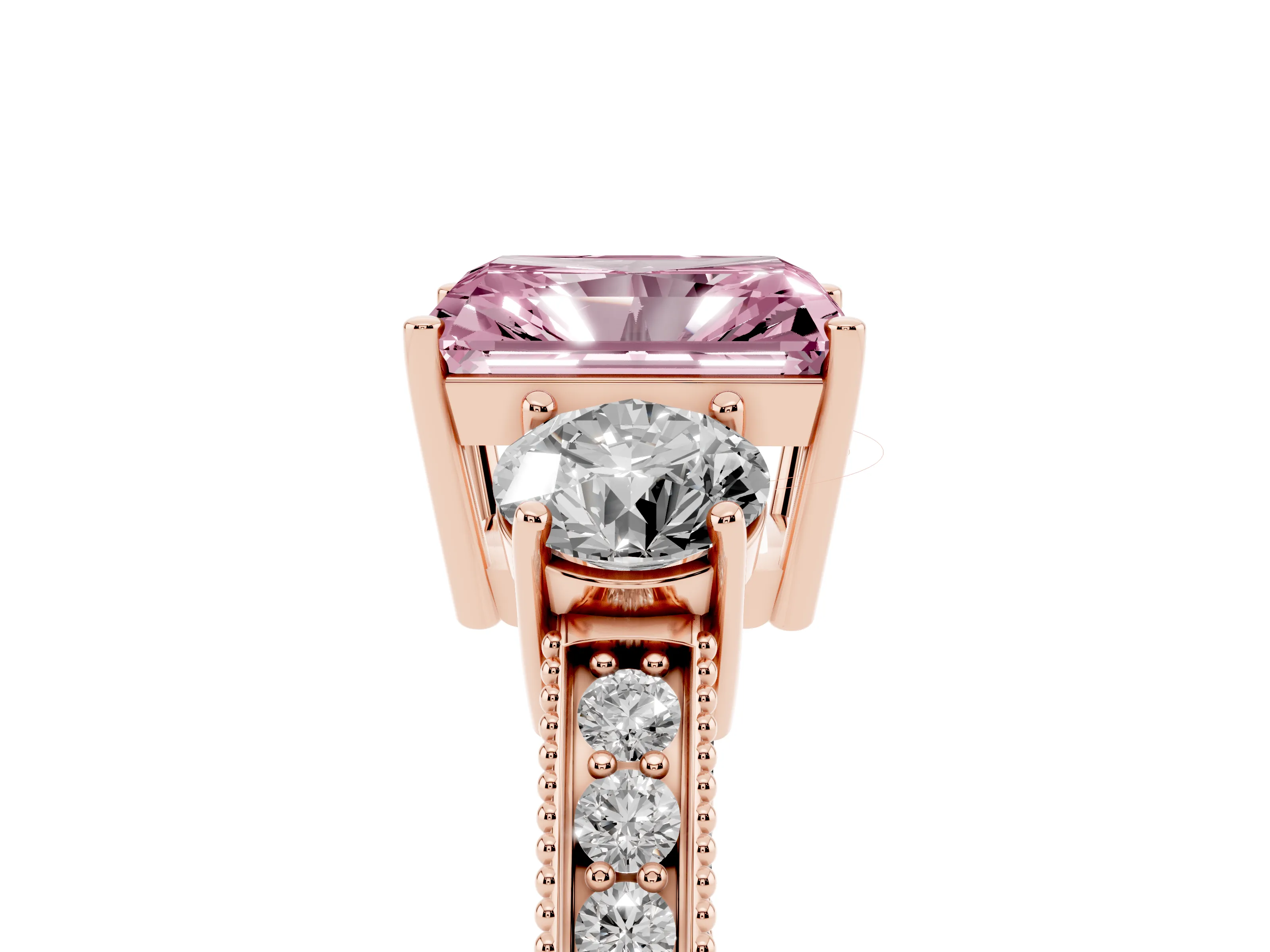 Fancy Pink Radiant Cut Diamond Three-Stone Ring Set in Rose gold with Round Side Stones and Pavé Band
