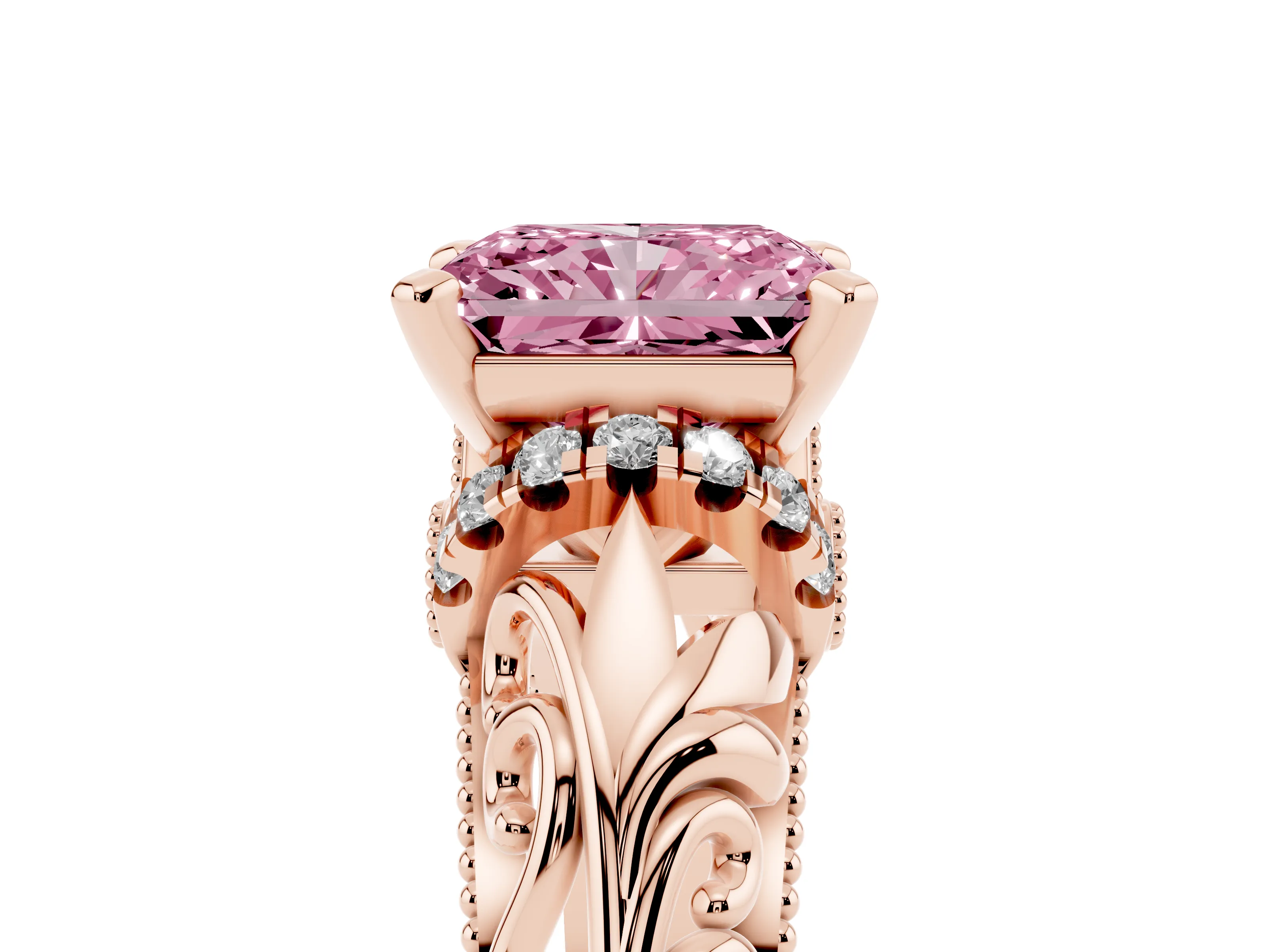 Fancy Pink Radiant Cut Diamond Filigree Halo Engagement Ring Set in Rose gold with Prong Setting