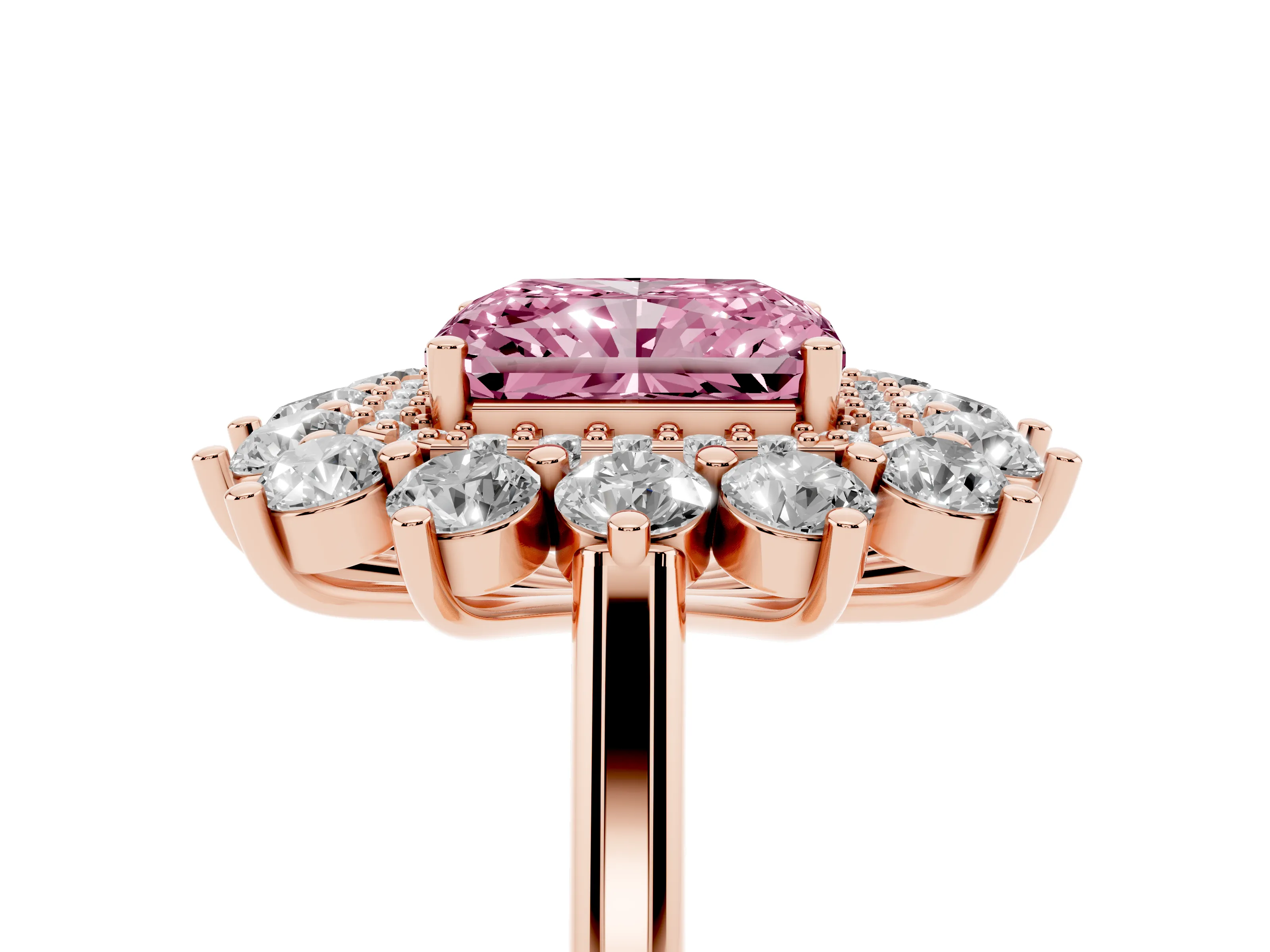 Fancy Pink Radiant Cut Diamond Floral Double Halo Ring Set in Rose gold with Round Petals