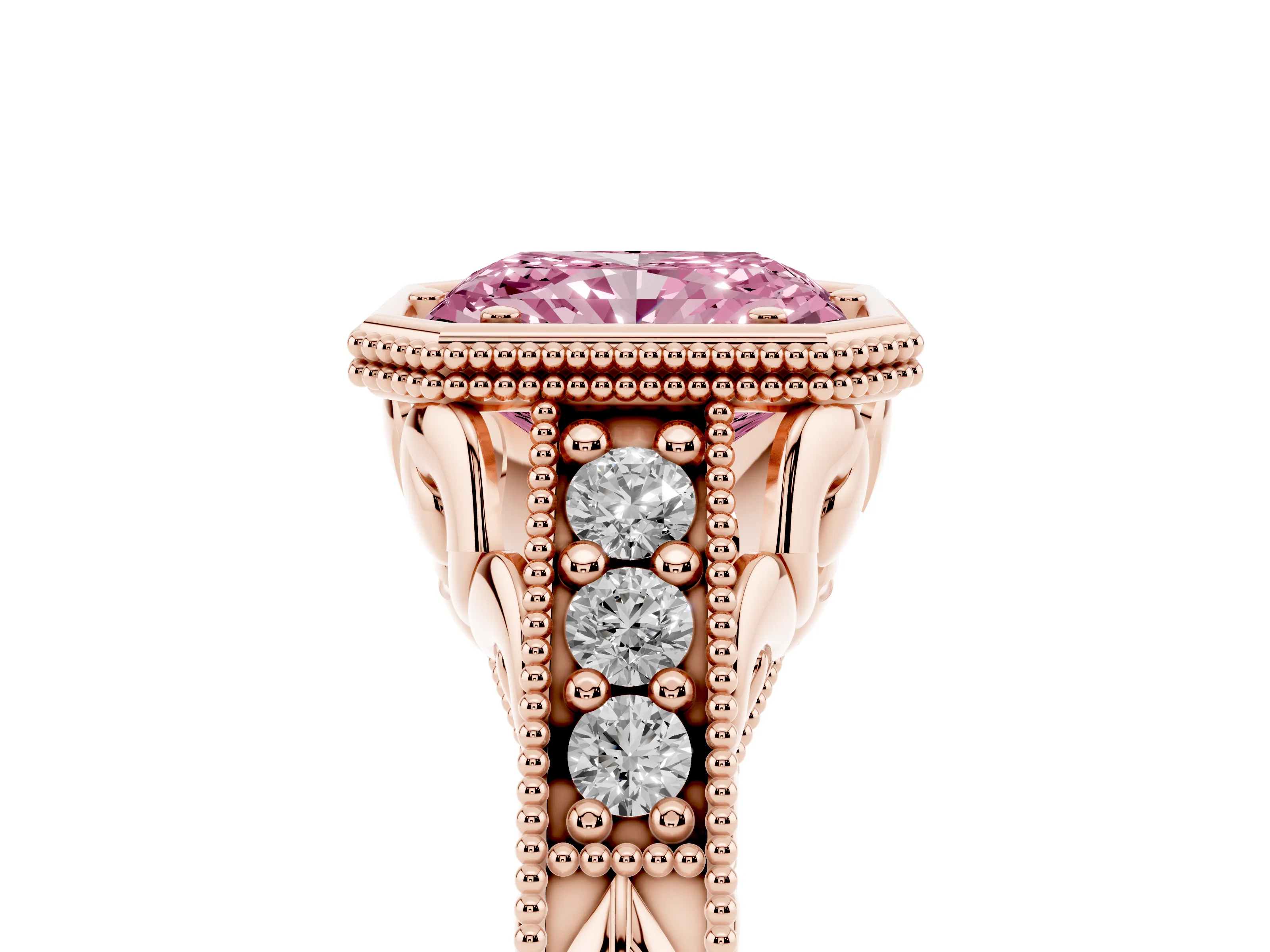 Fancy Pink Bezel Set Radiant Cut Diamond Milgrain Pavé Engagement Ring Set in Rose gold