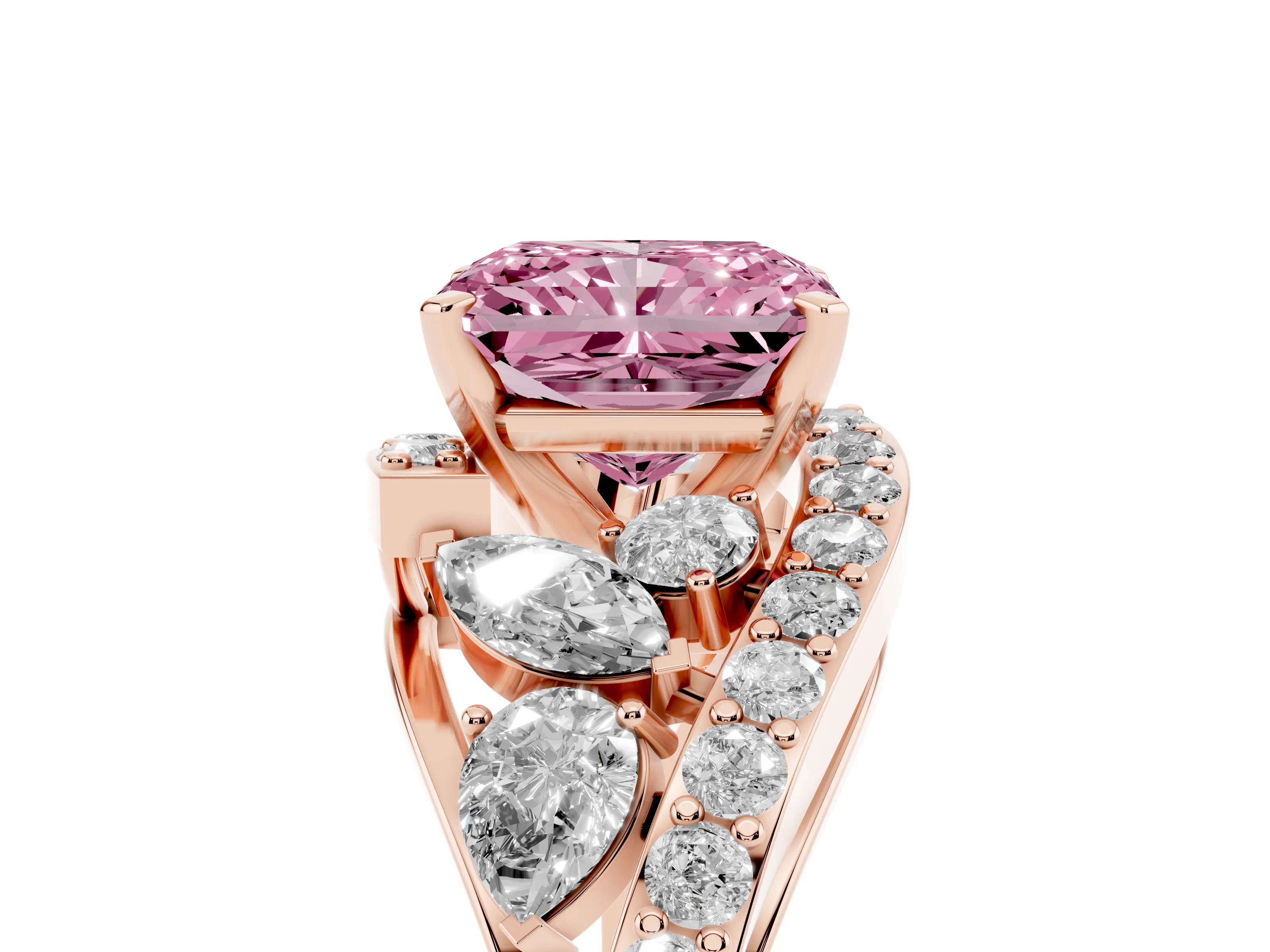 Fancy Pink Radiant Cut Diamond Halo Ring Set in Rose gold with Marquise and Pavé Band in Prong Setting