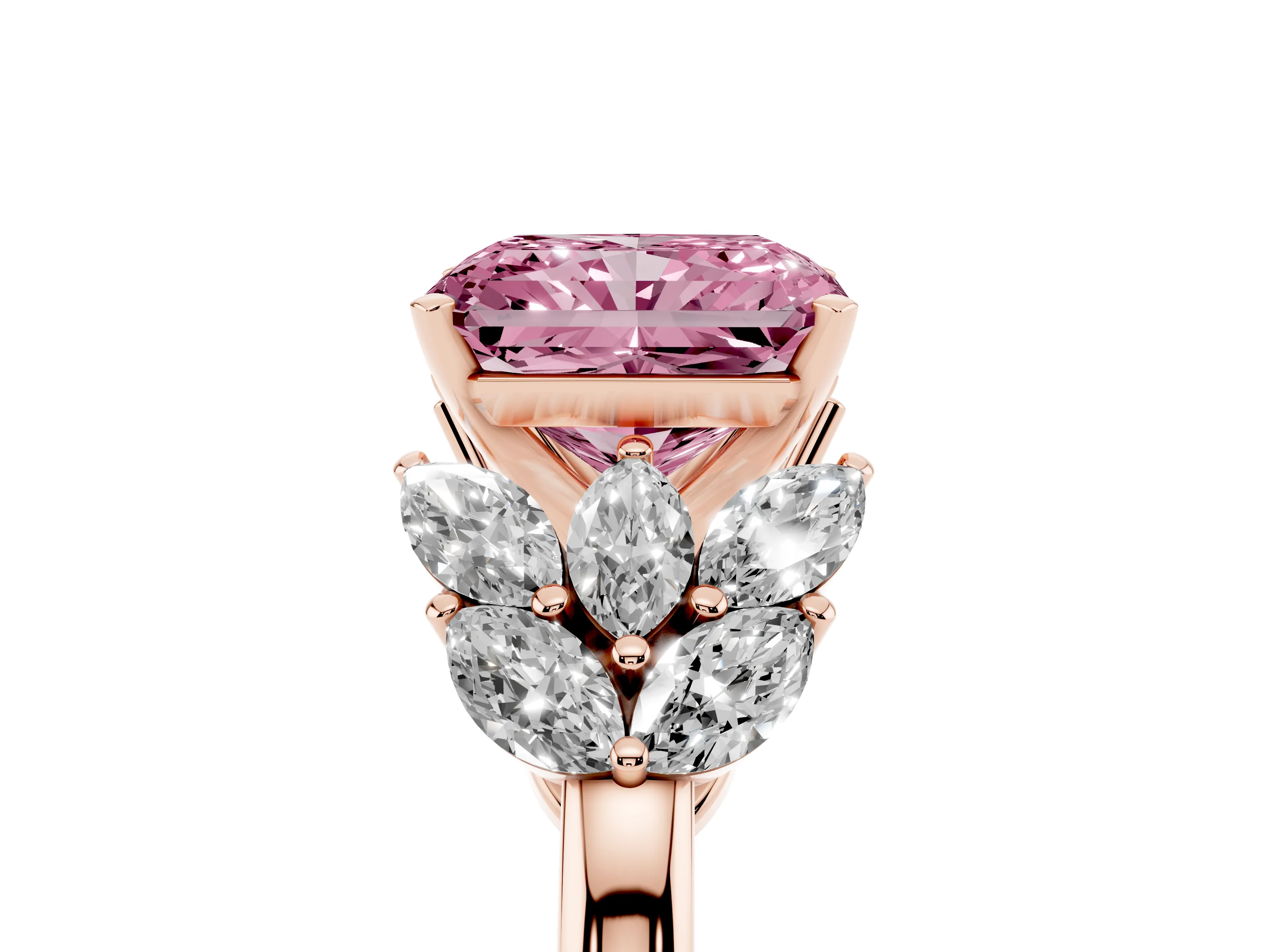 Fancy Pink Radiant Cut Diamond Cluster Leaf Design Ring Set in Rose gold with Prong Setting