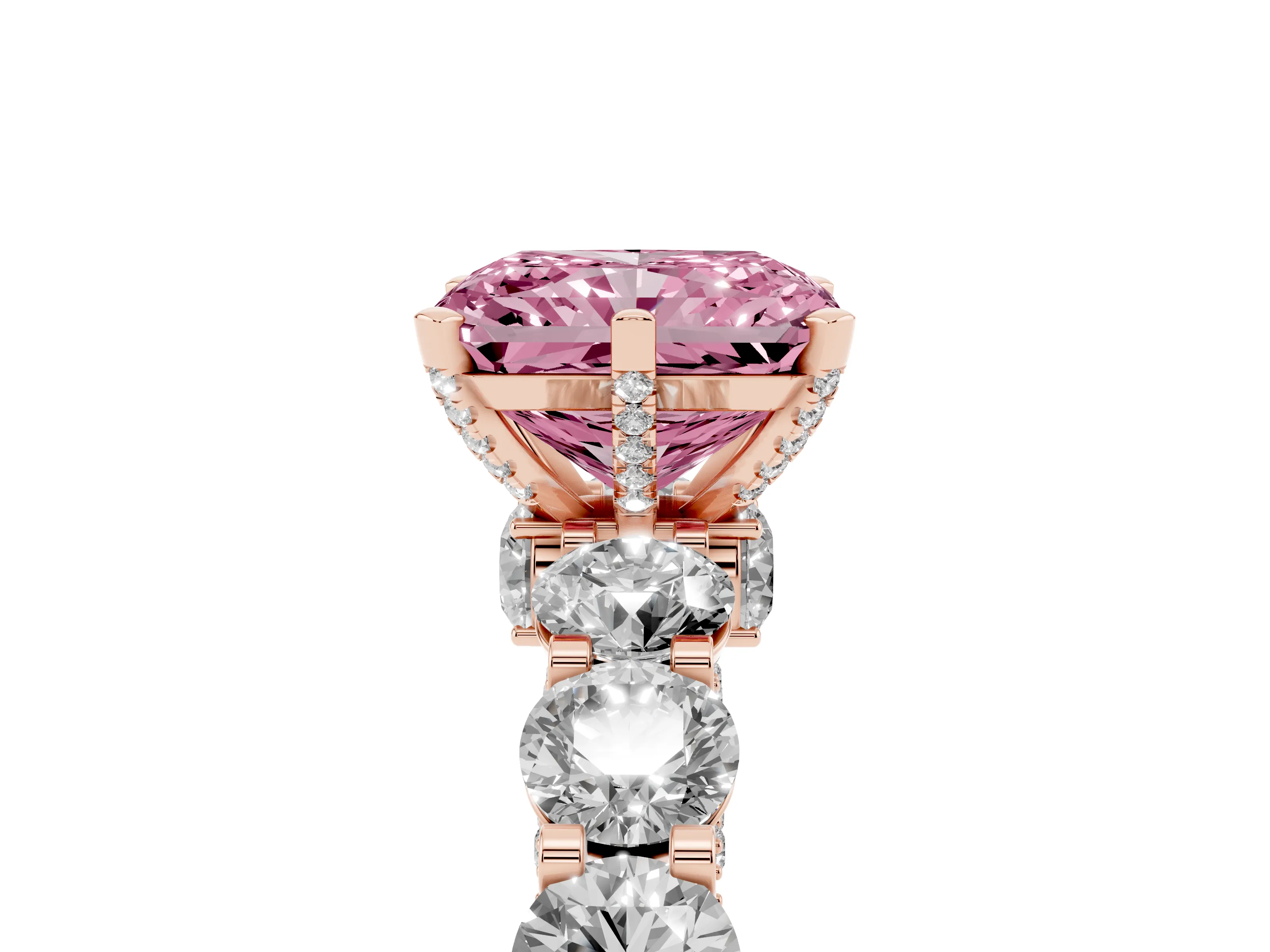 Fancy Pink Radiant Cut Diamond Side Stone Ring Set in Rose gold with Alternating Round and Oval Side Stones