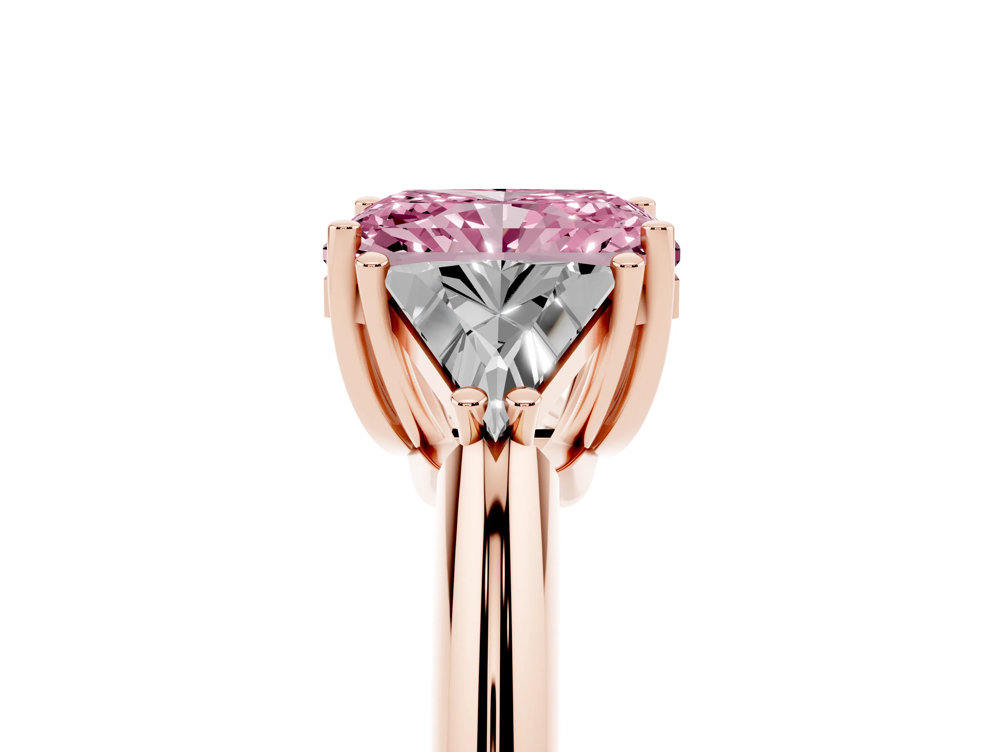 Fancy Pink Radiant Cut Diamond Three-Stone Engagement Ring Set in Rose gold with Trillion Side Stones